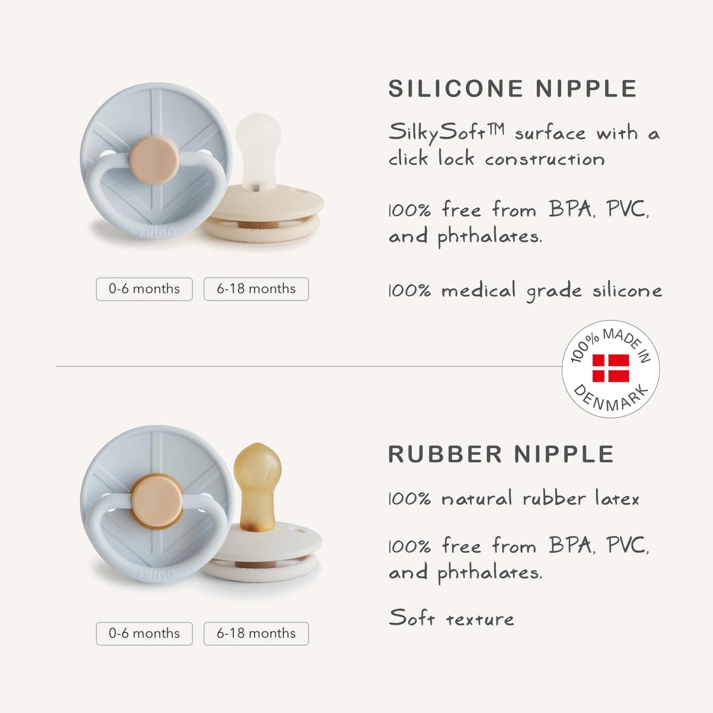 FRIGG Little Viking SilkySoft Silicone Baby Pacifier 2-Pack | Made in Denmark | BPA-Free (Powder Blue/Cream,6-18 Months)