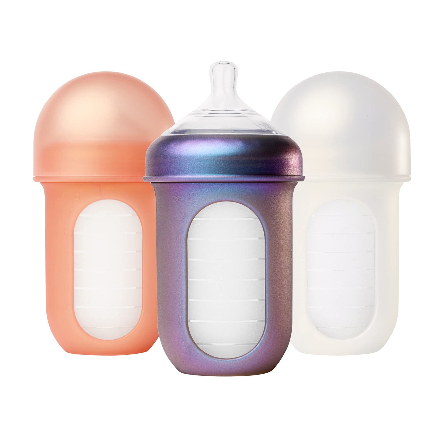 Boon Nursh Reusable Silicone Pouch Baby Bottles - Medium Flow Nipple - Silicone Baby Bottle Pouch and Nipple - Baby Feeding Essentials - Pink - 3-6 Months - 3 Count - 8 Ounce