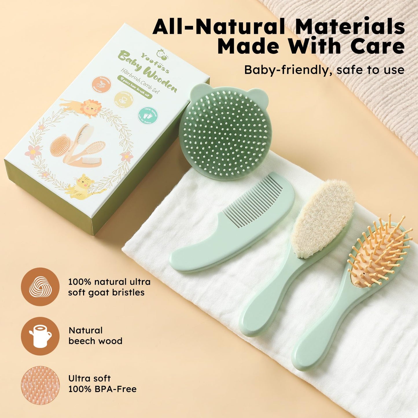 Yoofoss 4 Piece Baby Brush and Comb Set, Wooden Baby Brush with Natural Ultra Soft Goat Hair