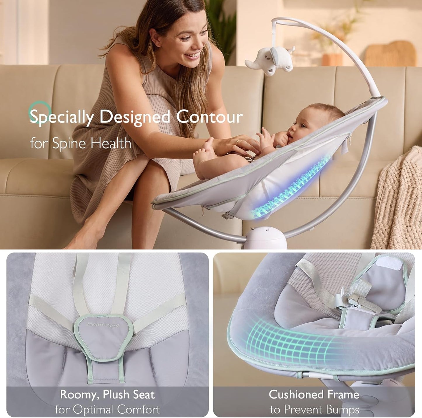 Momcozy CocoSway 3D-Motion Baby Swing for Infants to Toddlers, 6 Motion Modes & 4 Speeds, 180° Rotating Seat, Remote Control, Reclining Seat with 5-Point Harness, 8 Preset Lullabies, Grey