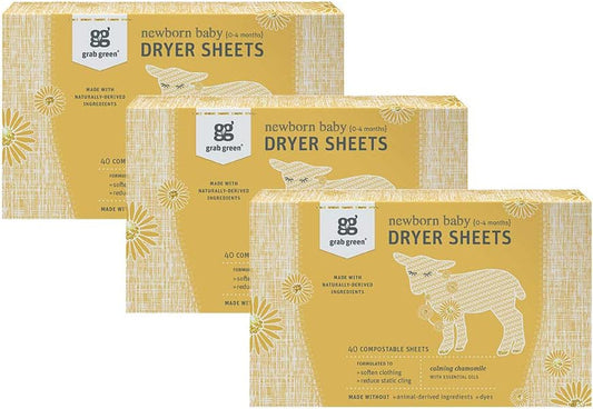 Newborn Baby Dryer Sheets, 120 Sheets, Chamomile Scent, Plant and Mineral Based, Compostable, Softens Clothing and Linens, Reduces Static Cling