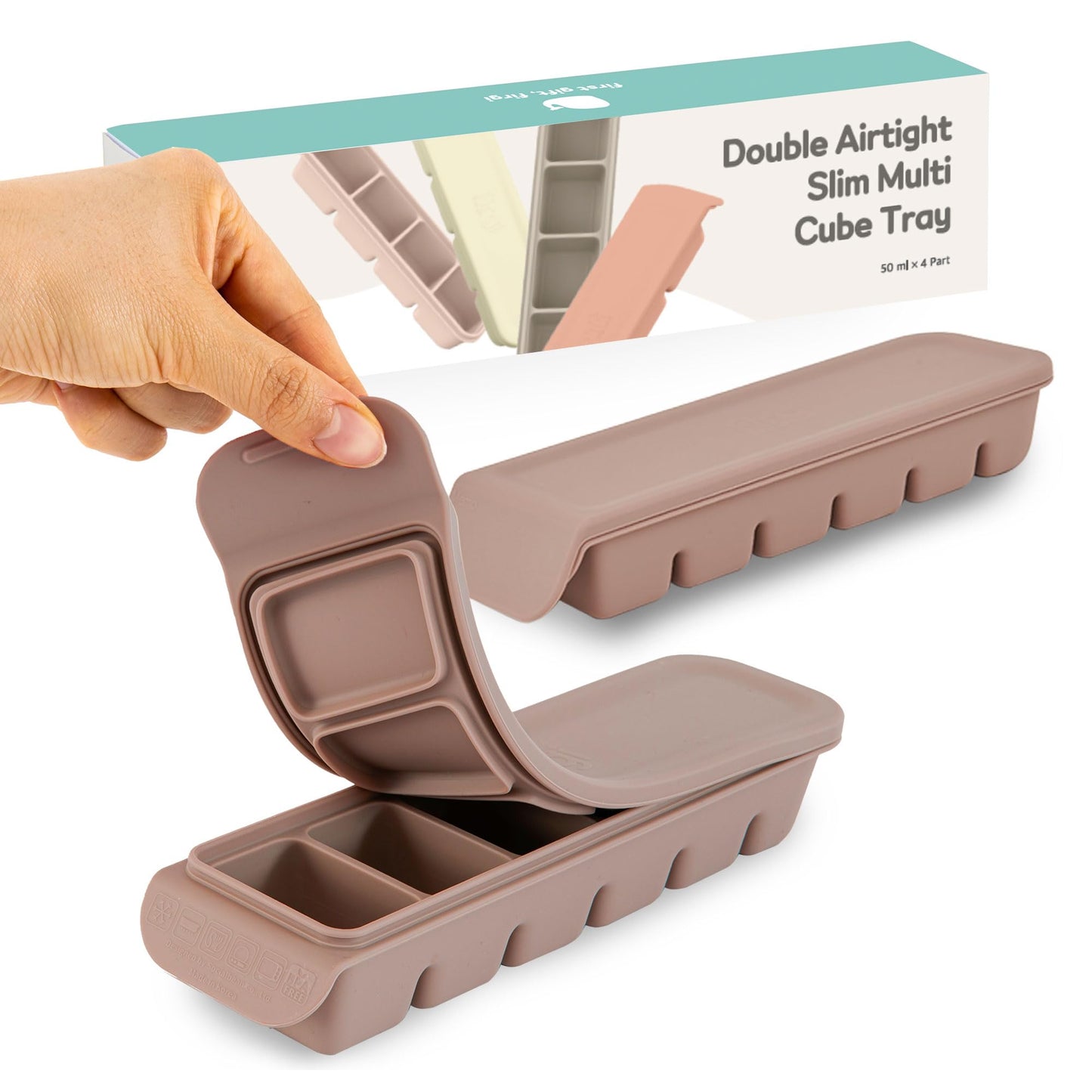 4 Section-1.7oz Gray 100% Food Grade Silicone Ice Cube Tray Food Container with Airtight Locking Lid, Fruit Vegetable Purees, Breastmilk Storage for Baby & Toddler Food | BPA Free Korea Made