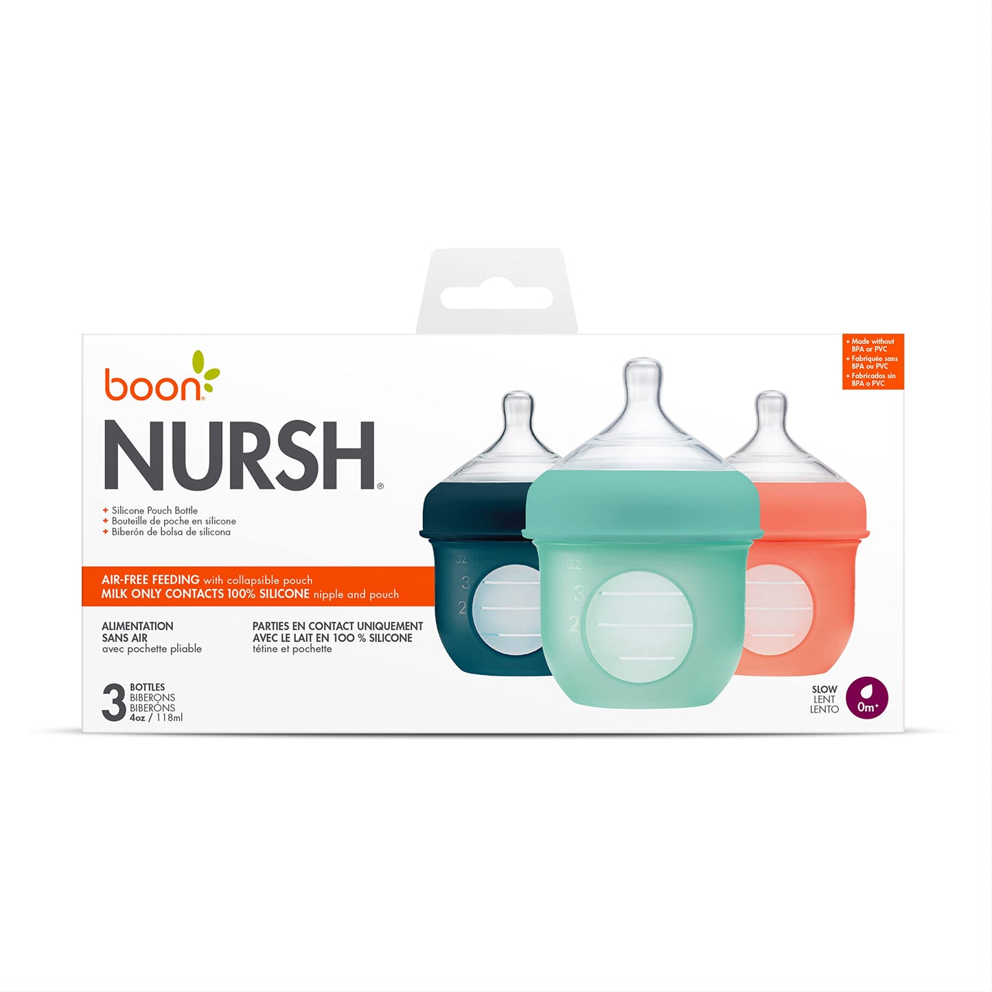 Boon Nursh Reusable Silicone Pouch Baby Bottles - Medium Flow Nipple - Silicone Baby Bottle Pouch and Nipple - Baby Feeding Essentials - Pink - 3-6 Months - 3 Count - 8 Ounce