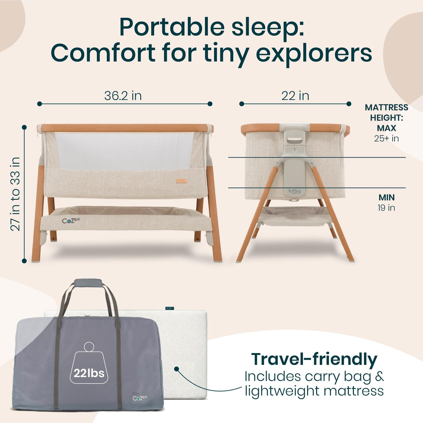 CoZee® 2-in-1 Baby Bassinet & Bedside Sleeper - Fast-Folding Bedside Bassinet, Baby Crib with 6 Mattress Heights & Breathable Mesh Window, Mattress Included, 0-6 Months (Oak & Charcoal)