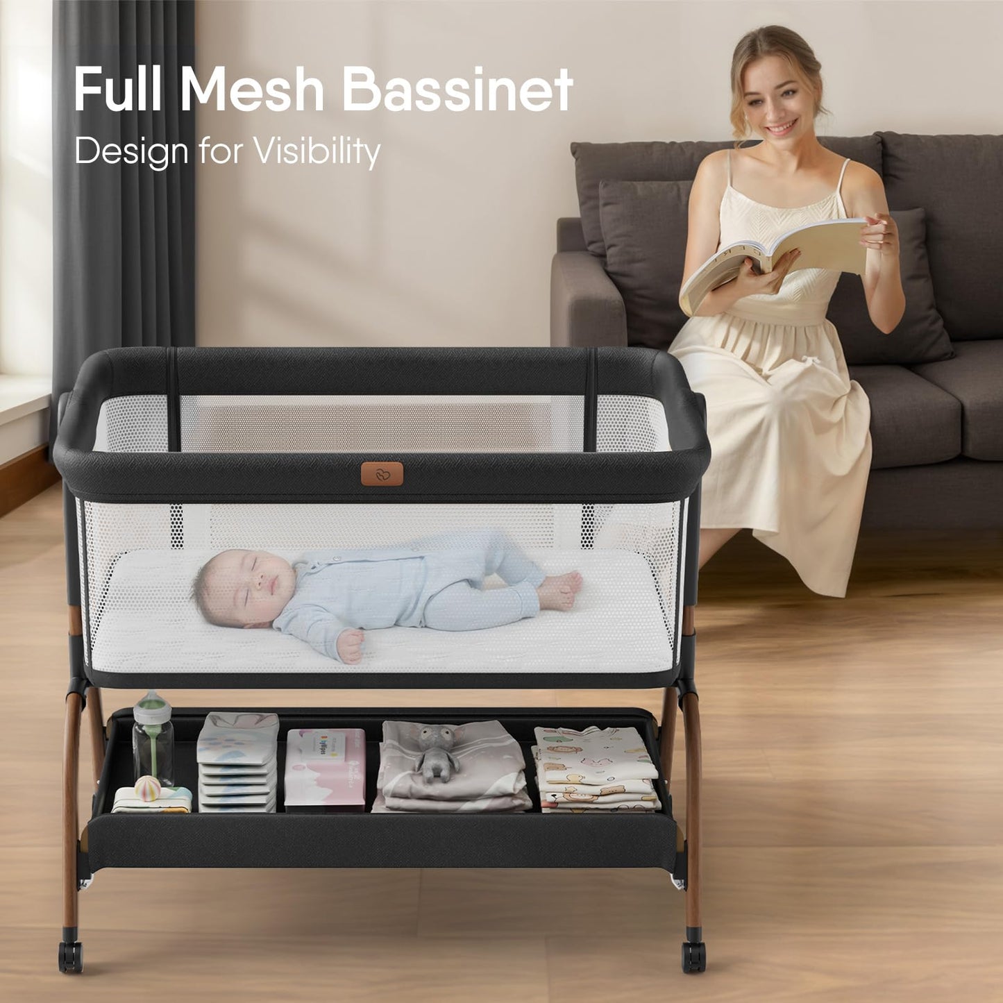 Baby Bassinet Bedside Crib, 3-in-1 Baby Bassinet Bedside Sleeper with Mattress