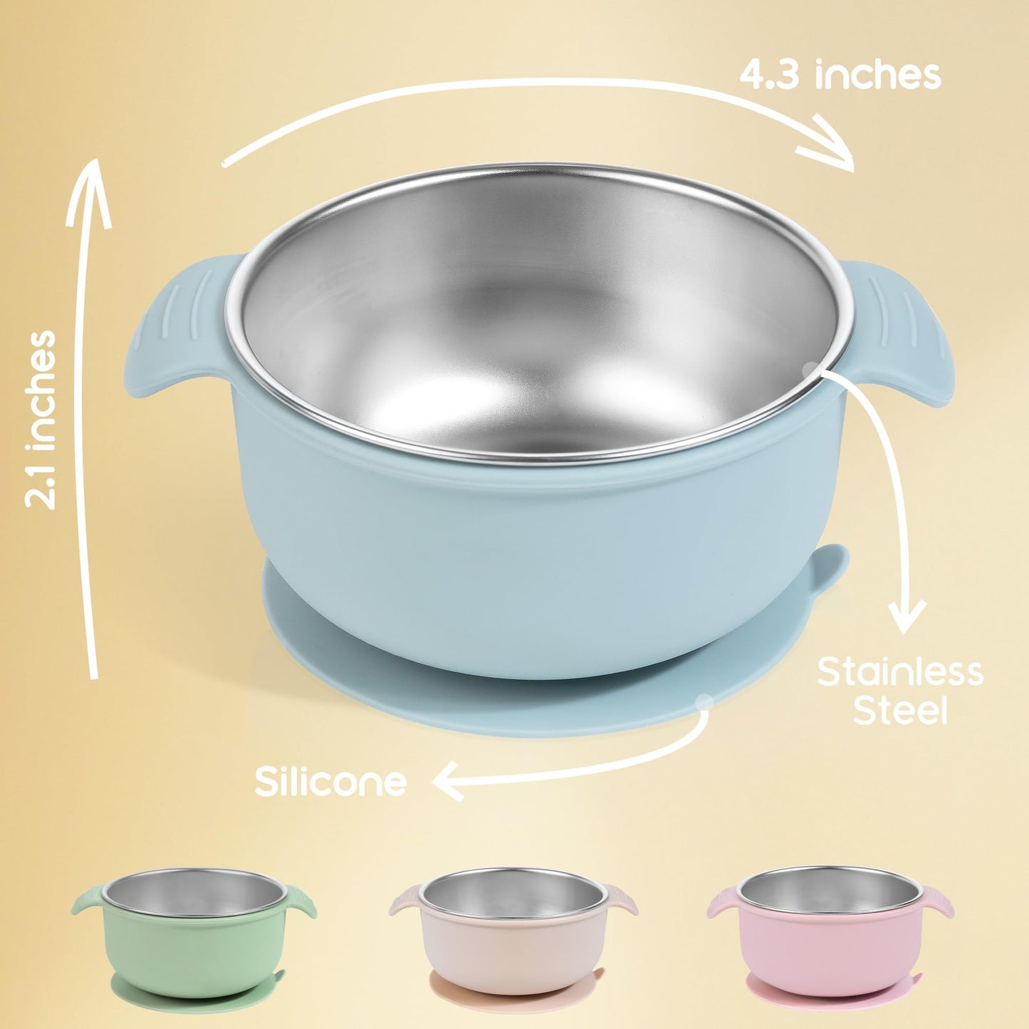 Bella's Friends Stainless Steel and Silicone Baby Bowls with Suction 3 Pack, 4.3”