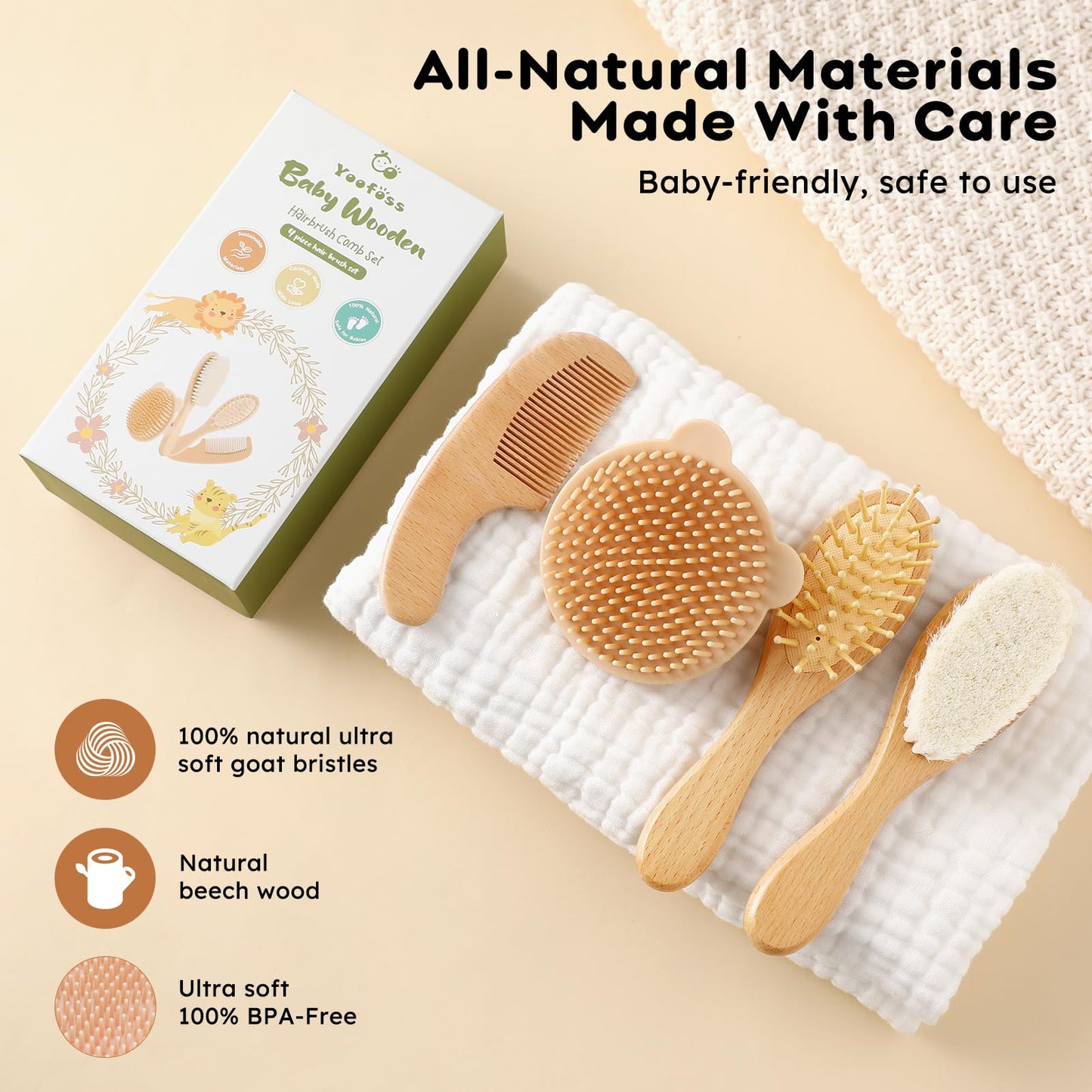 Yoofoss 4 Piece Baby Brush and Comb Set, Wooden Baby Brush with Natural Ultra Soft Goat Hair