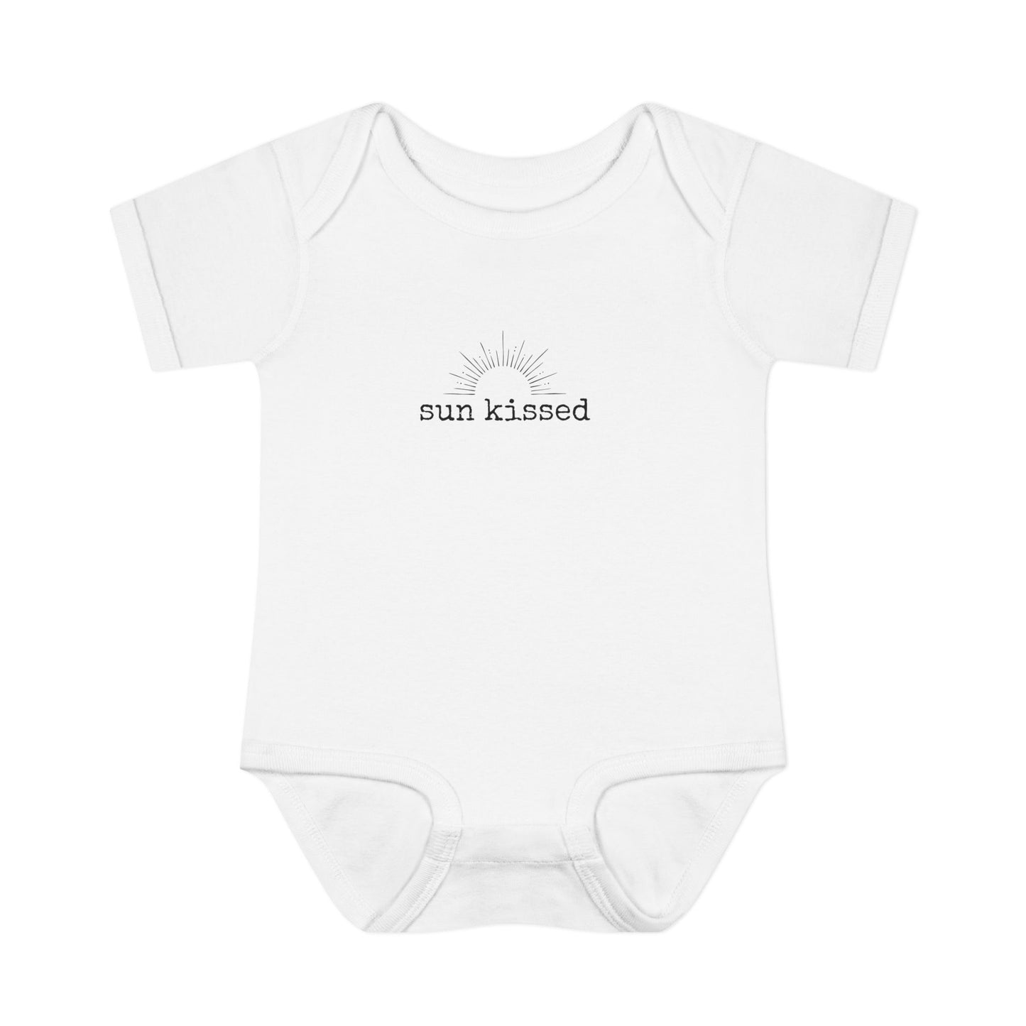 White baby onesie with 'sun kissed' text on a white background