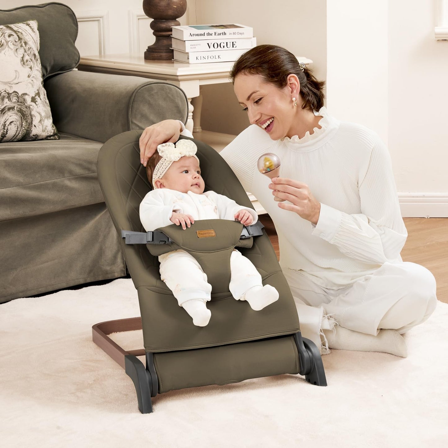 Foldable Baby Bouncer, Baby Seat with 3 Adjustable Heights, Portable Newborn Rocker