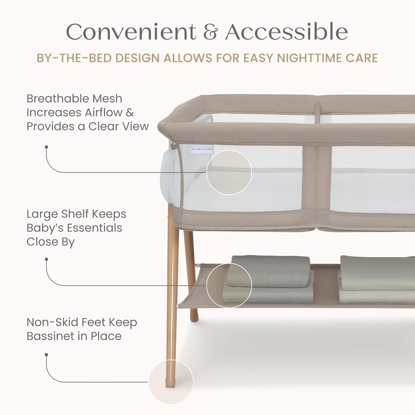 Bondi Beechwood Twin Bassinet with PureAir Breathable Mesh Sheet and FSC-Certified Wood, Tan