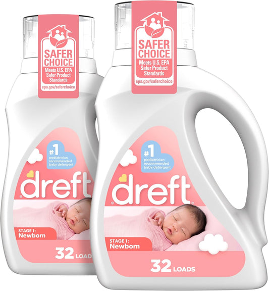 Dreft Newborn Baby Liquid Laundry Detergent, Gentle on Sensitive Skin, HE Compatible, 2 Pack, 32 Loads Each