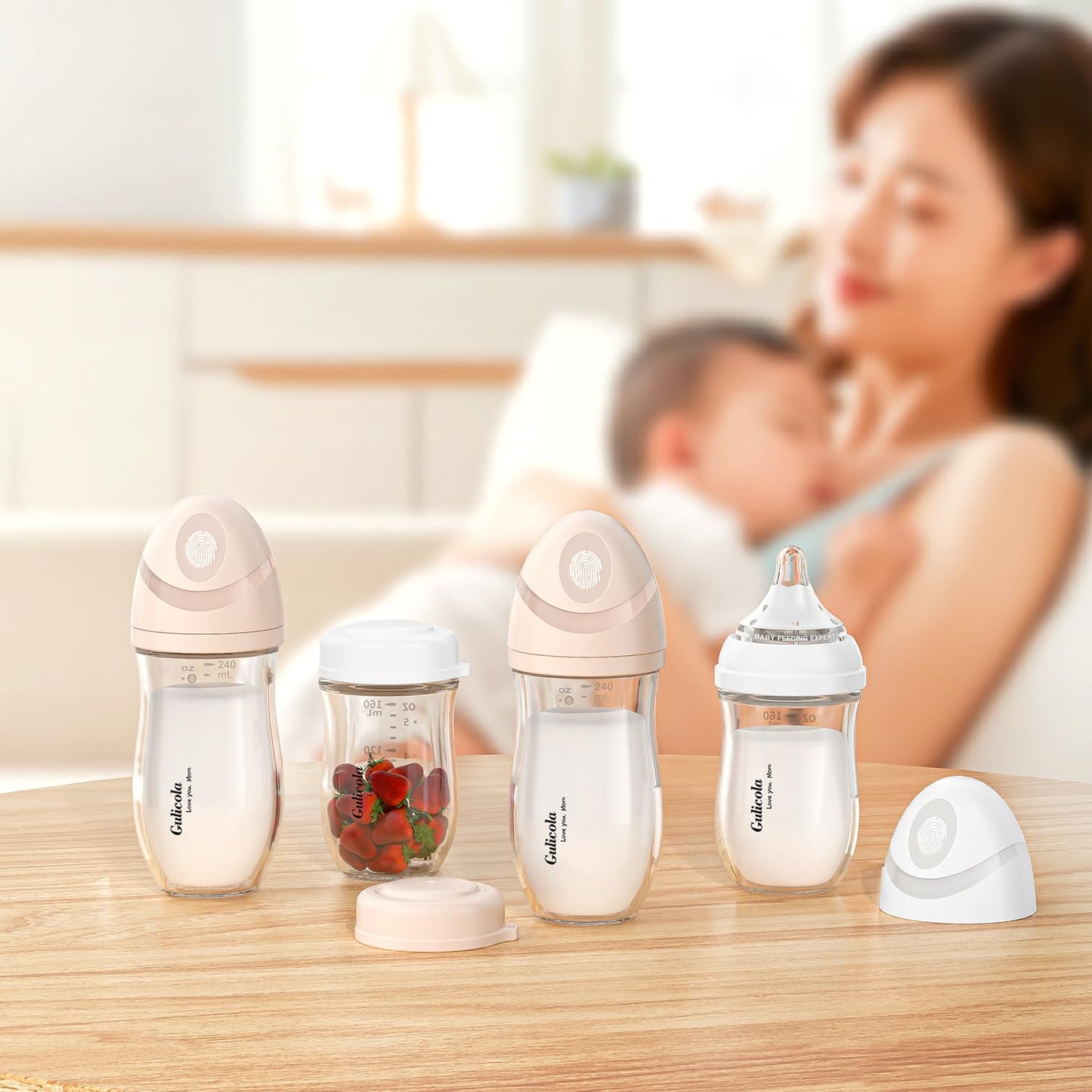 Natural Glass Baby Bottle for Breastfeeding Babies, Newborn Anti-Colic Bottle Set with Slow Flow Nipple, 0-3 Months, 5 oz, 2 Pack - White