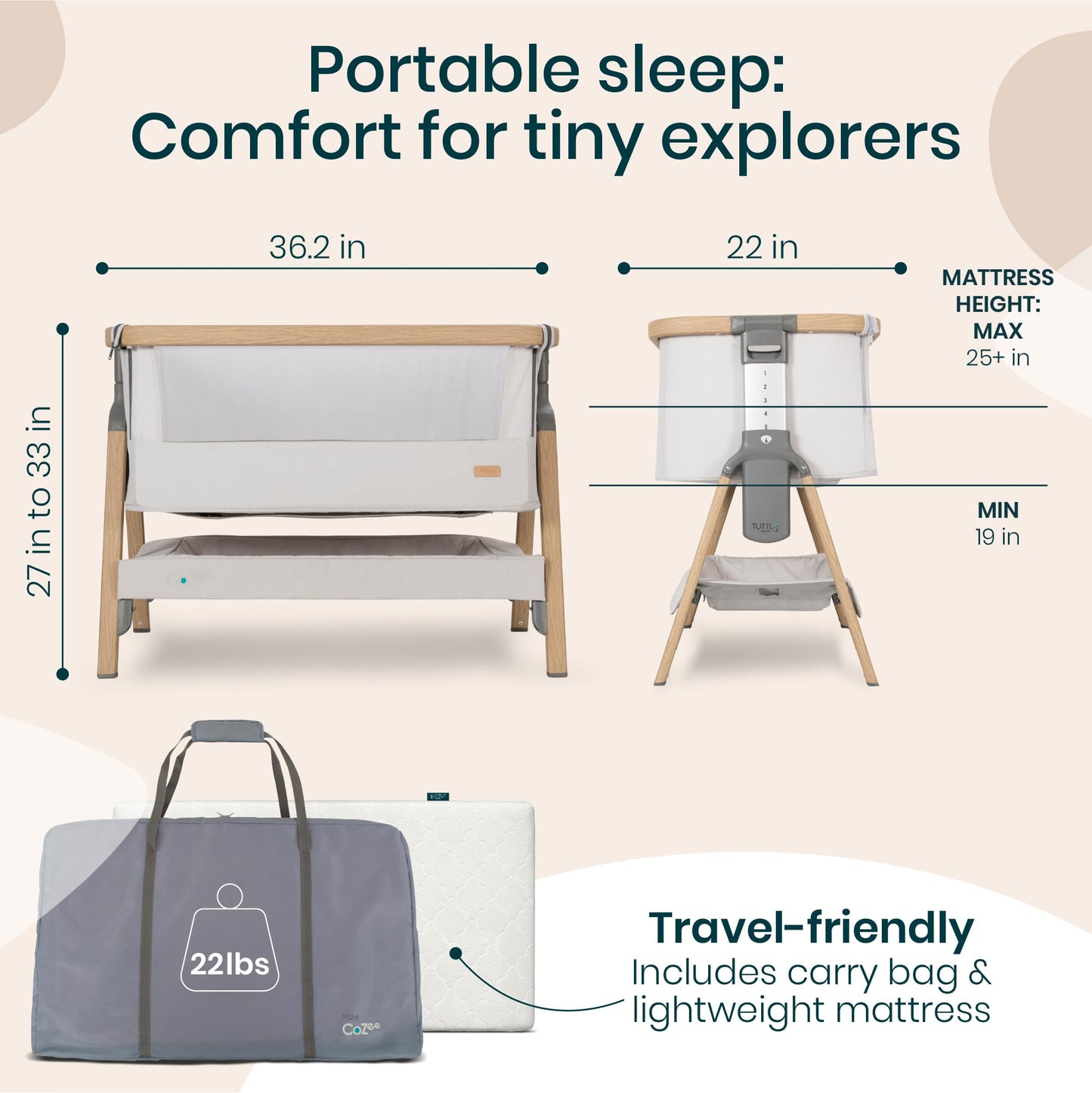 CoZee® 2-in-1 Baby Bassinet & Bedside Sleeper - Fast-Folding Bedside Bassinet, Baby Crib with 6 Mattress Heights & Breathable Mesh Window, Mattress Included, 0-6 Months (Oak & Charcoal)