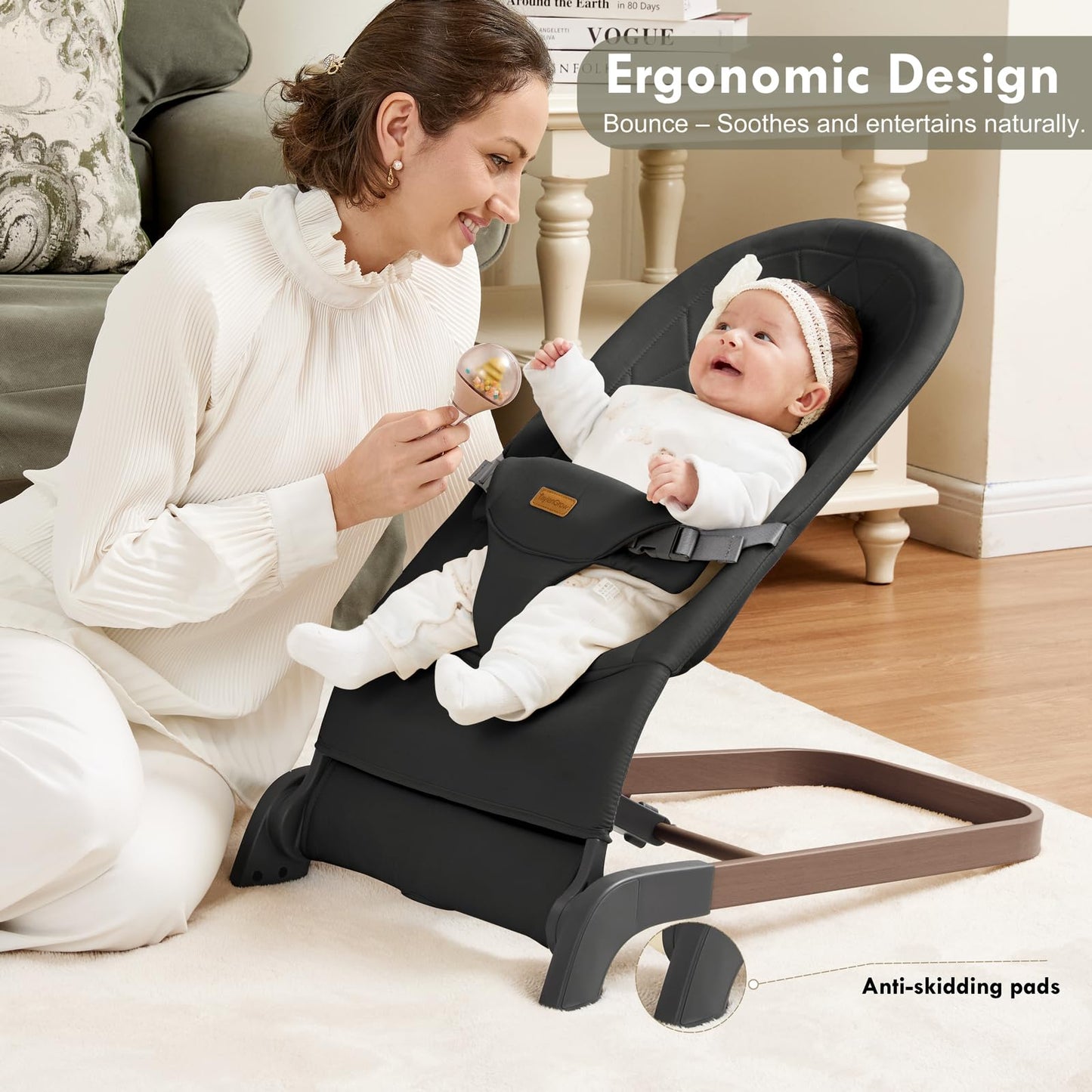 Foldable Baby Bouncer, Baby Seat with 3 Adjustable Heights, Portable Newborn Rocker