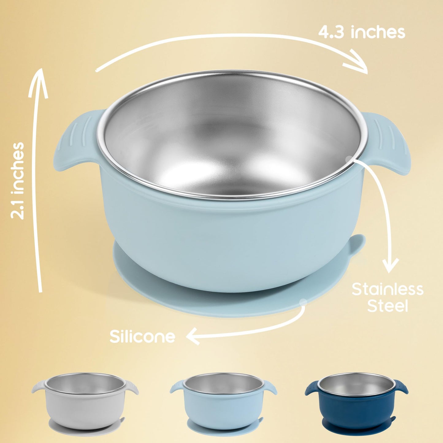 Bella's Friends Stainless Steel and Silicone Baby Bowls with Suction 3 Pack, 4.3”