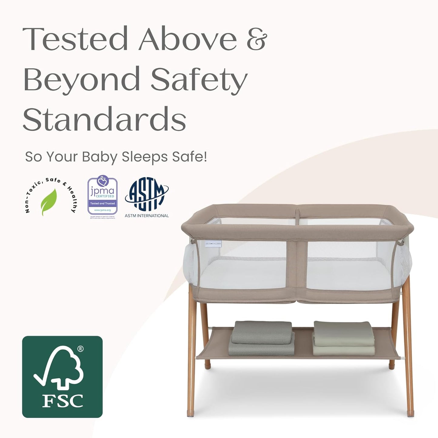 Bondi Beechwood Twin Bassinet with PureAir Breathable Mesh Sheet and FSC-Certified Wood, Tan