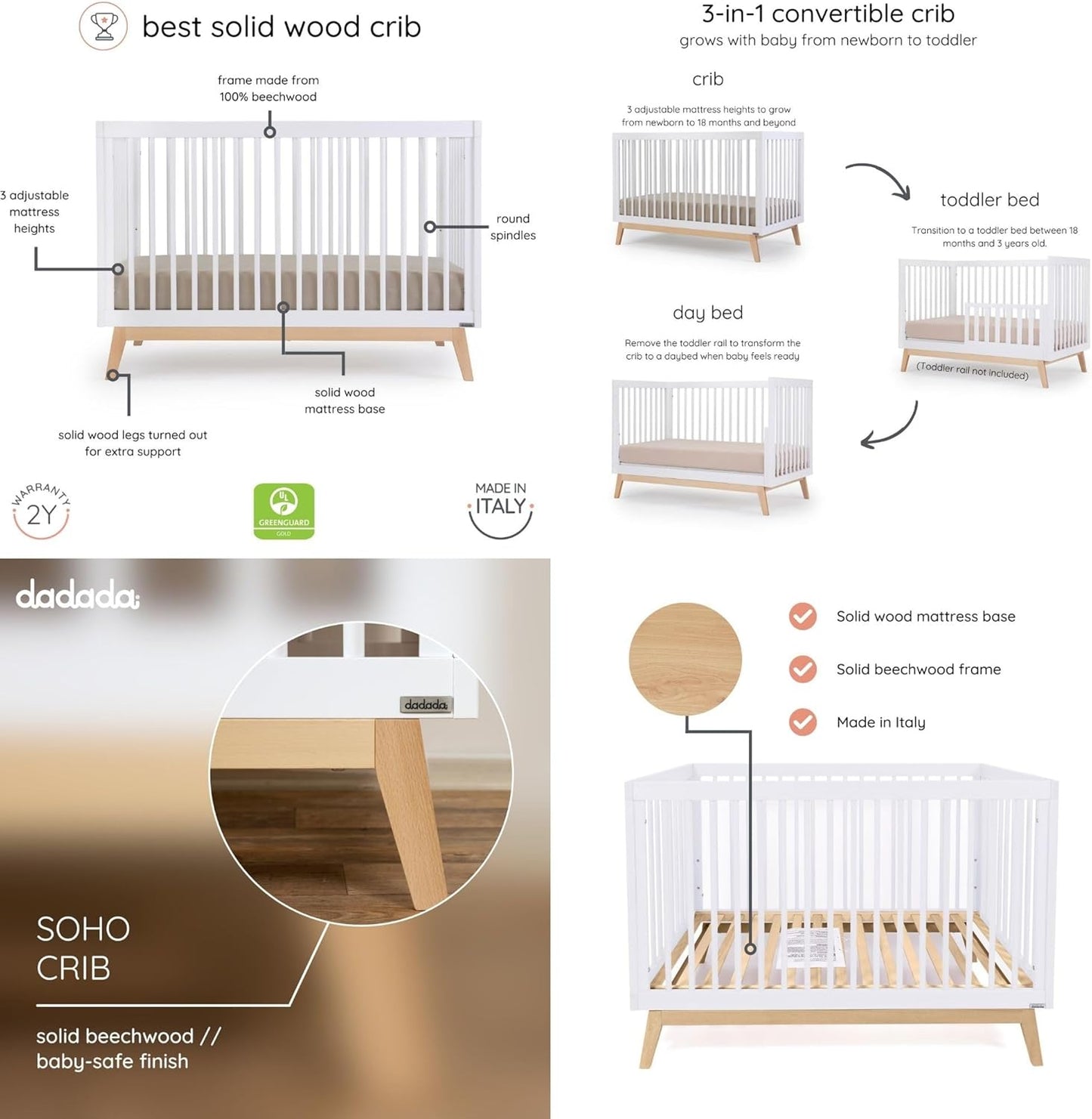 dadada Soho 3-in-1 Convertible Crib & 5-Drawer Dresser Set – Solid Wood, GREENGUARD Gold Certified