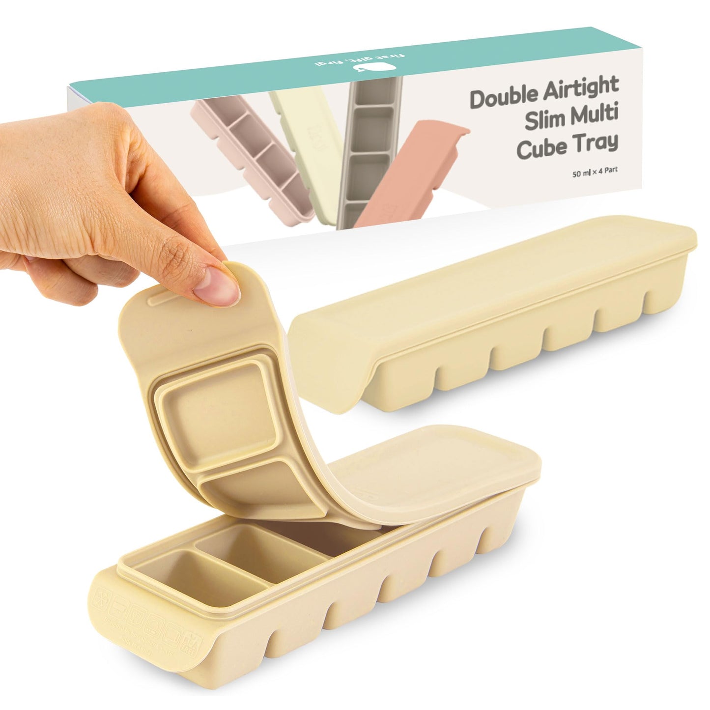 4 Section-1.7oz Gray 100% Food Grade Silicone Ice Cube Tray Food Container with Airtight Locking Lid, Fruit Vegetable Purees, Breastmilk Storage for Baby & Toddler Food | BPA Free Korea Made