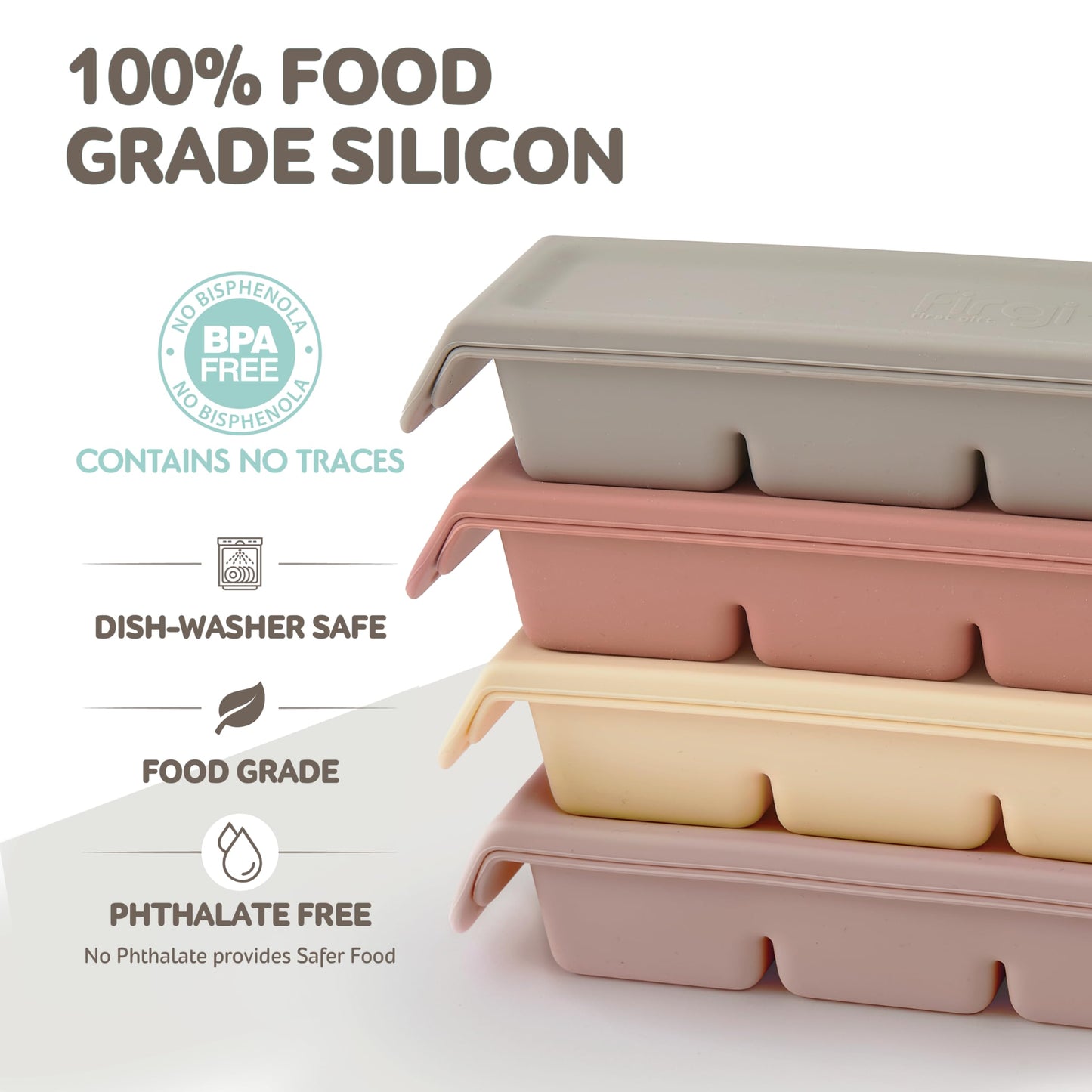 4 Section-1.7oz Gray 100% Food Grade Silicone Ice Cube Tray Food Container with Airtight Locking Lid, Fruit Vegetable Purees, Breastmilk Storage for Baby & Toddler Food | BPA Free Korea Made