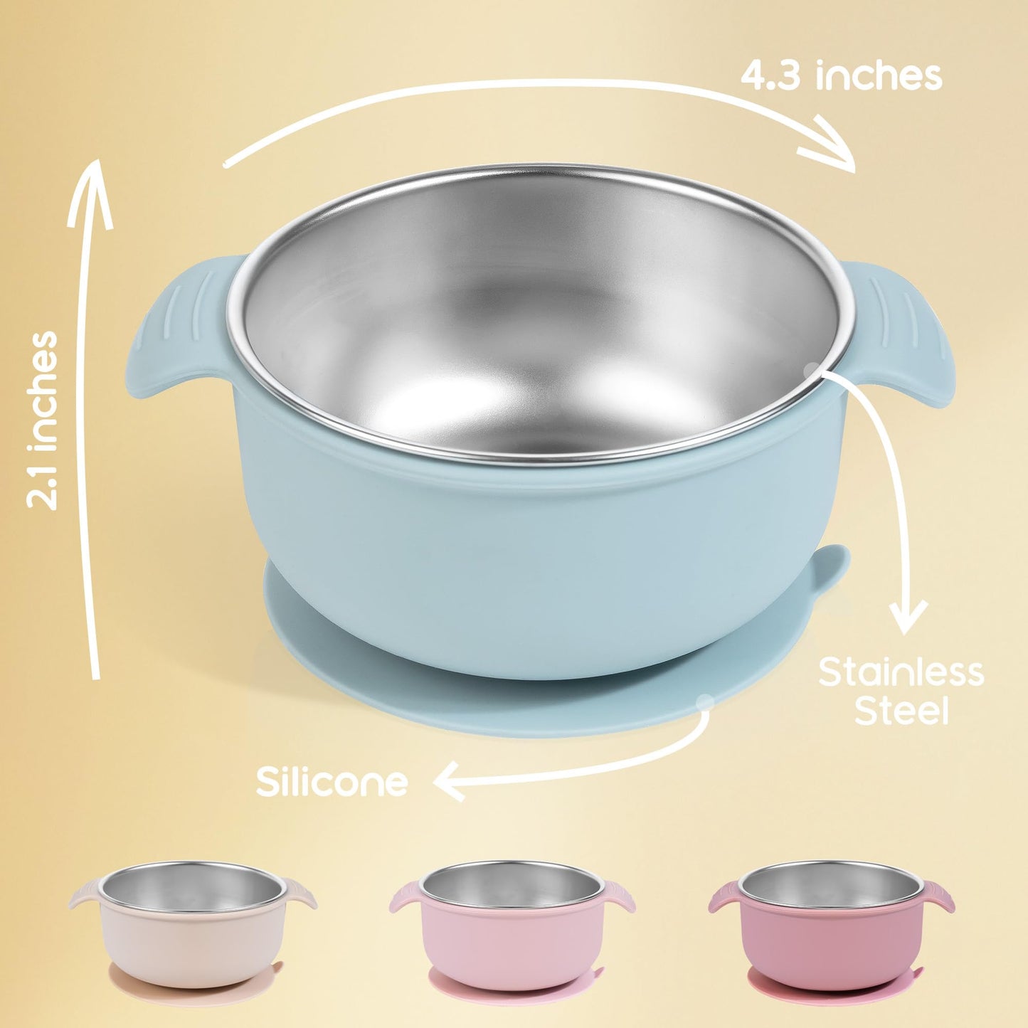 Bella's Friends Stainless Steel and Silicone Baby Bowls with Suction 3 Pack, 4.3”