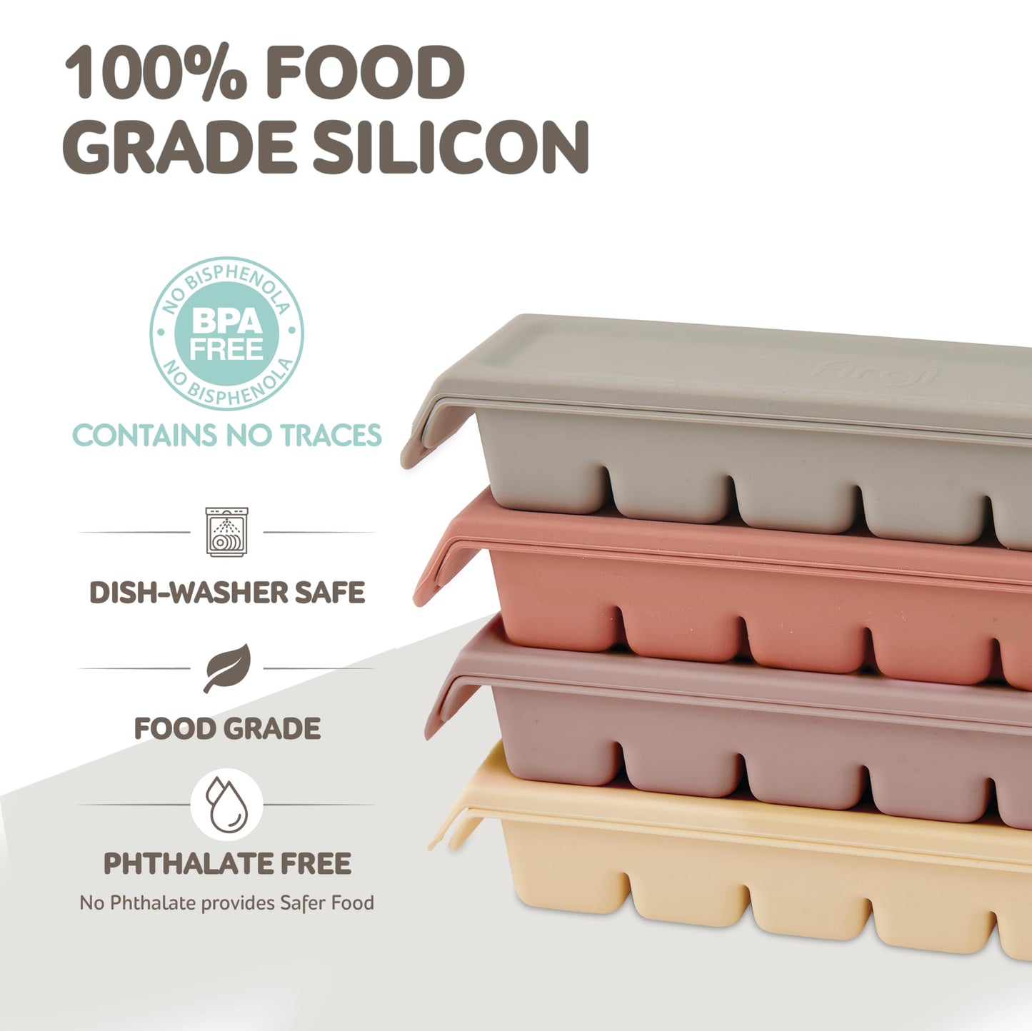4 Section-1.7oz Gray 100% Food Grade Silicone Ice Cube Tray Food Container with Airtight Locking Lid, Fruit Vegetable Purees, Breastmilk Storage for Baby & Toddler Food | BPA Free Korea Made