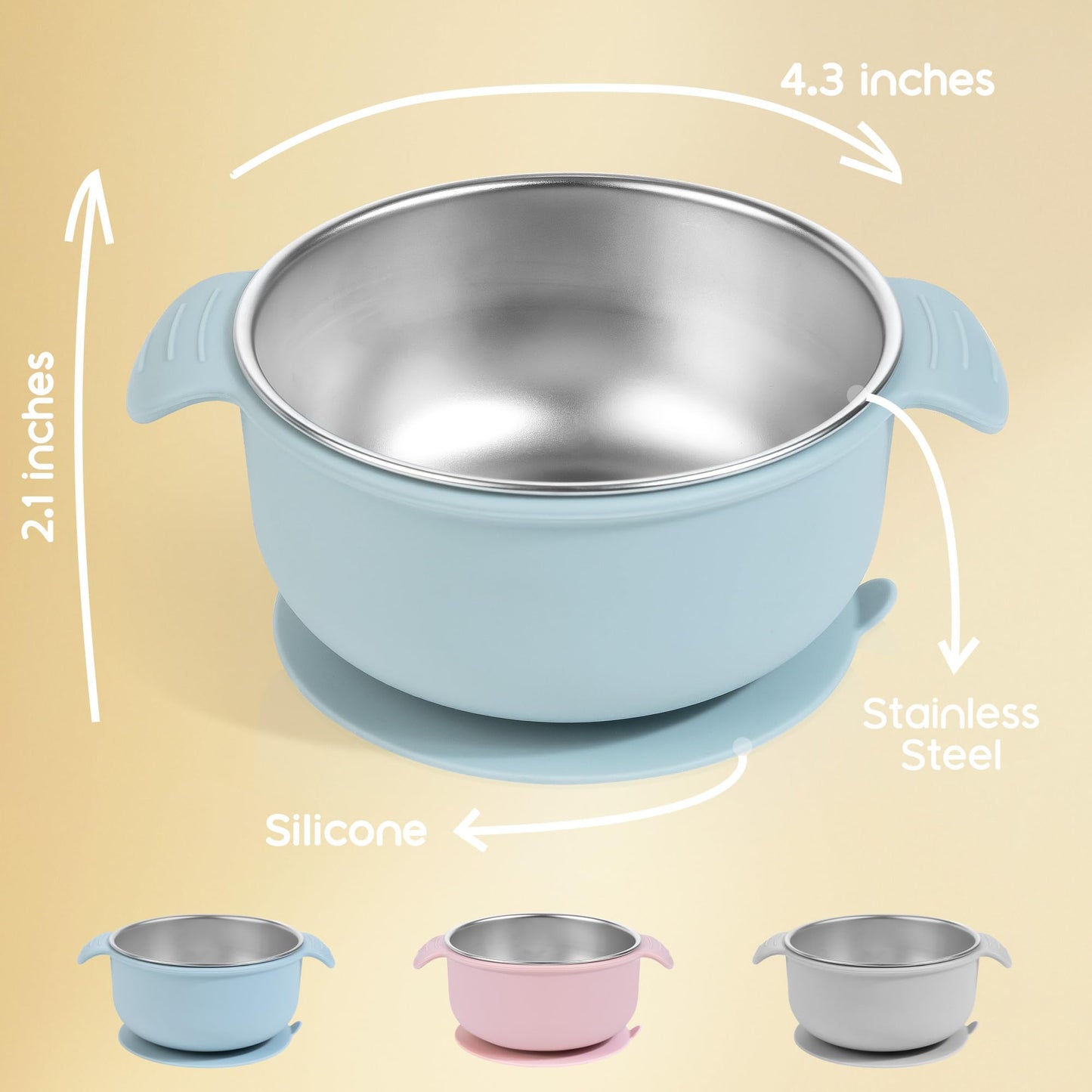 Bella's Friends Stainless Steel and Silicone Baby Bowls with Suction 3 Pack, 4.3”