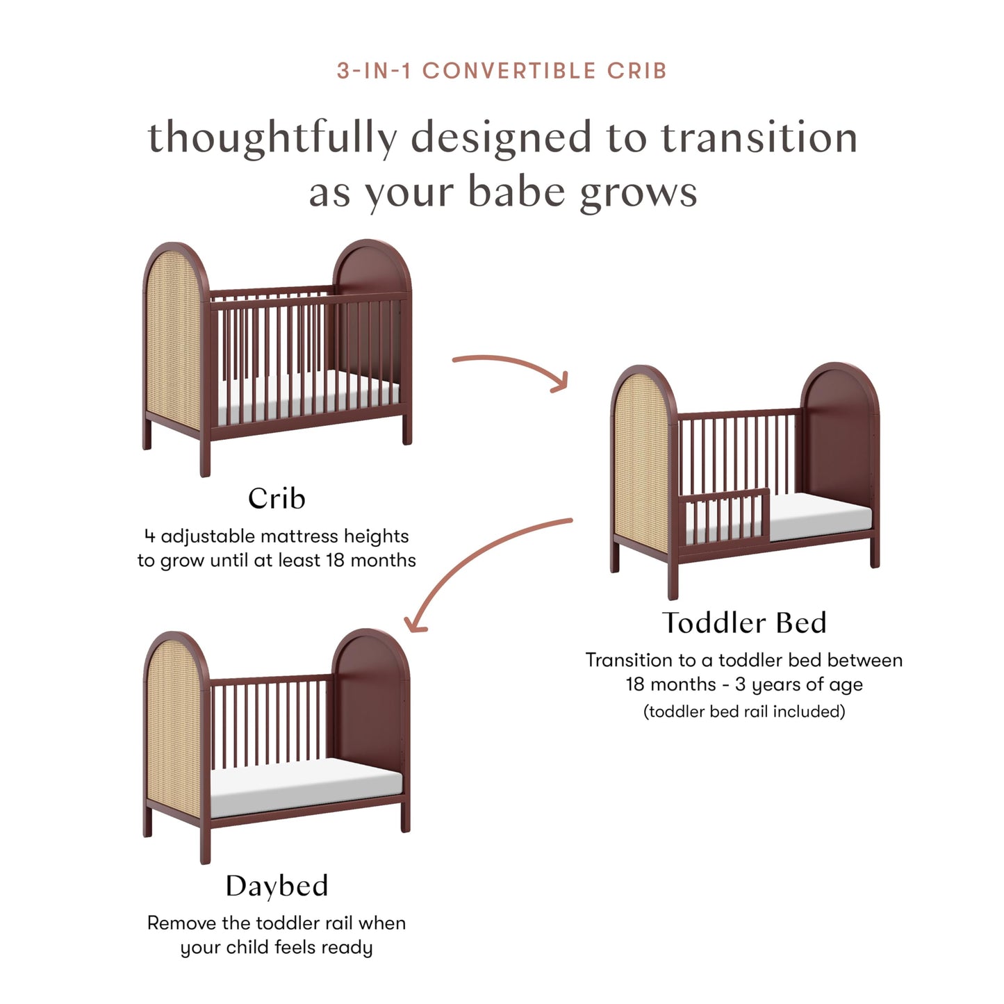 babyletto Bondi Cane 3-in-1 Convertible Baby Crib - GREENGUARD Gold Certified Convertible Crib to Toddler Bed & Daybed - Wooden Baby Bed with 4 Adjustable Mattress Heights - Easy to Assemble - Honey