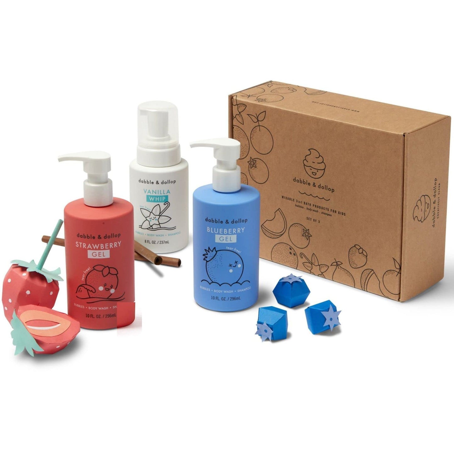 Dabble & Dollop Beachy Bundle, Natural Bubble Bath, Body Wash, Shampoo for Kids, USA-Made, Paraben & Sulfate Free, Vegan, Gluten-Free, Tear-Free, Honeydew Melon, Vanilla & Coconut (Set of 3)