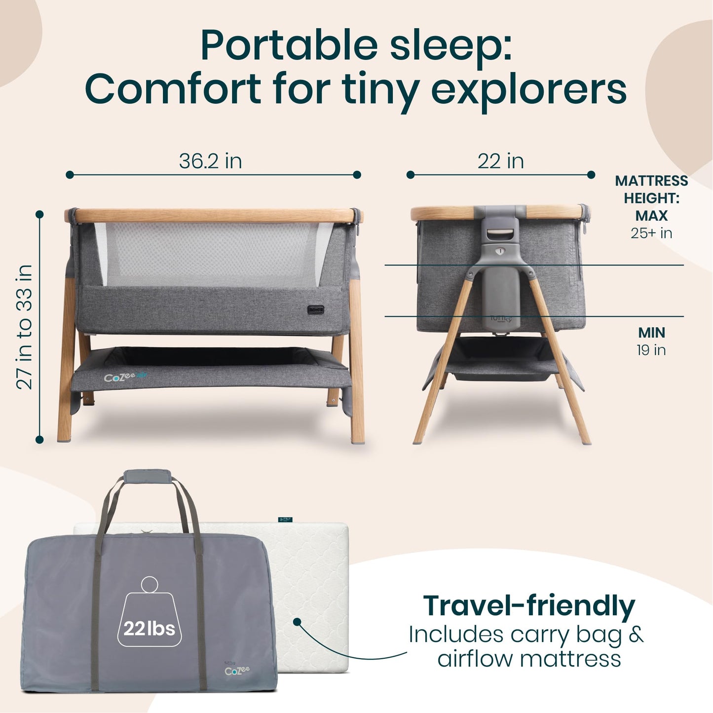 CoZee® 2-in-1 Baby Bassinet & Bedside Sleeper - Fast-Folding Bedside Bassinet, Baby Crib with 6 Mattress Heights & Breathable Mesh Window, Mattress Included, 0-6 Months (Oak & Charcoal)