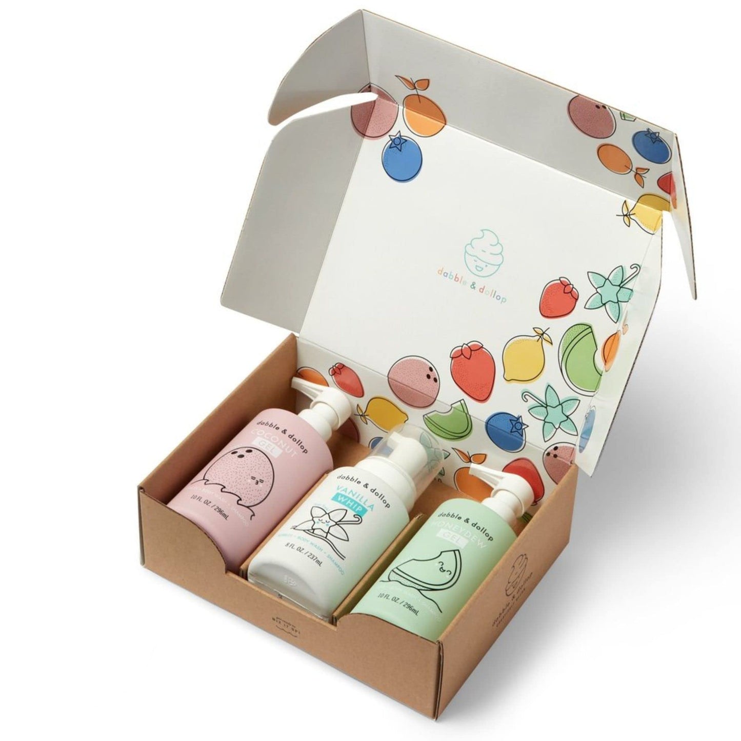 Dabble & Dollop Beachy Bundle, Natural Bubble Bath, Body Wash, Shampoo for Kids, USA-Made, Paraben & Sulfate Free, Vegan, Gluten-Free, Tear-Free, Honeydew Melon, Vanilla & Coconut (Set of 3)
