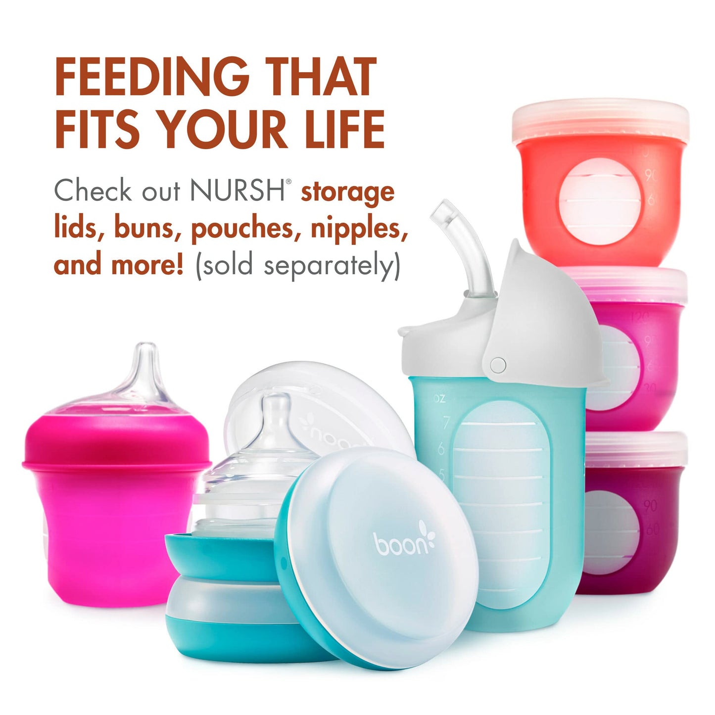 Boon Nursh Reusable Silicone Pouch Baby Bottles - Medium Flow Nipple - Silicone Baby Bottle Pouch and Nipple - Baby Feeding Essentials - Pink - 3-6 Months - 3 Count - 8 Ounce