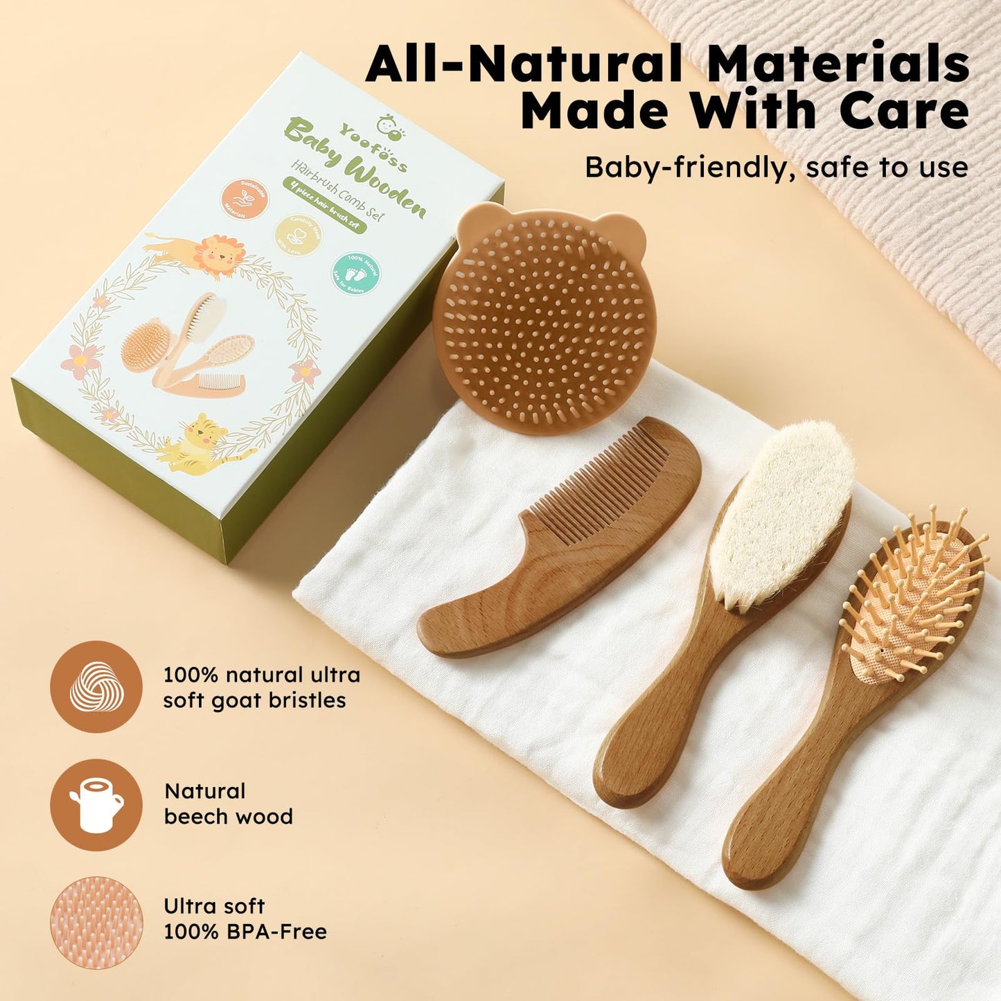 Yoofoss 4 Piece Baby Brush and Comb Set, Wooden Baby Brush with Natural Ultra Soft Goat Hair
