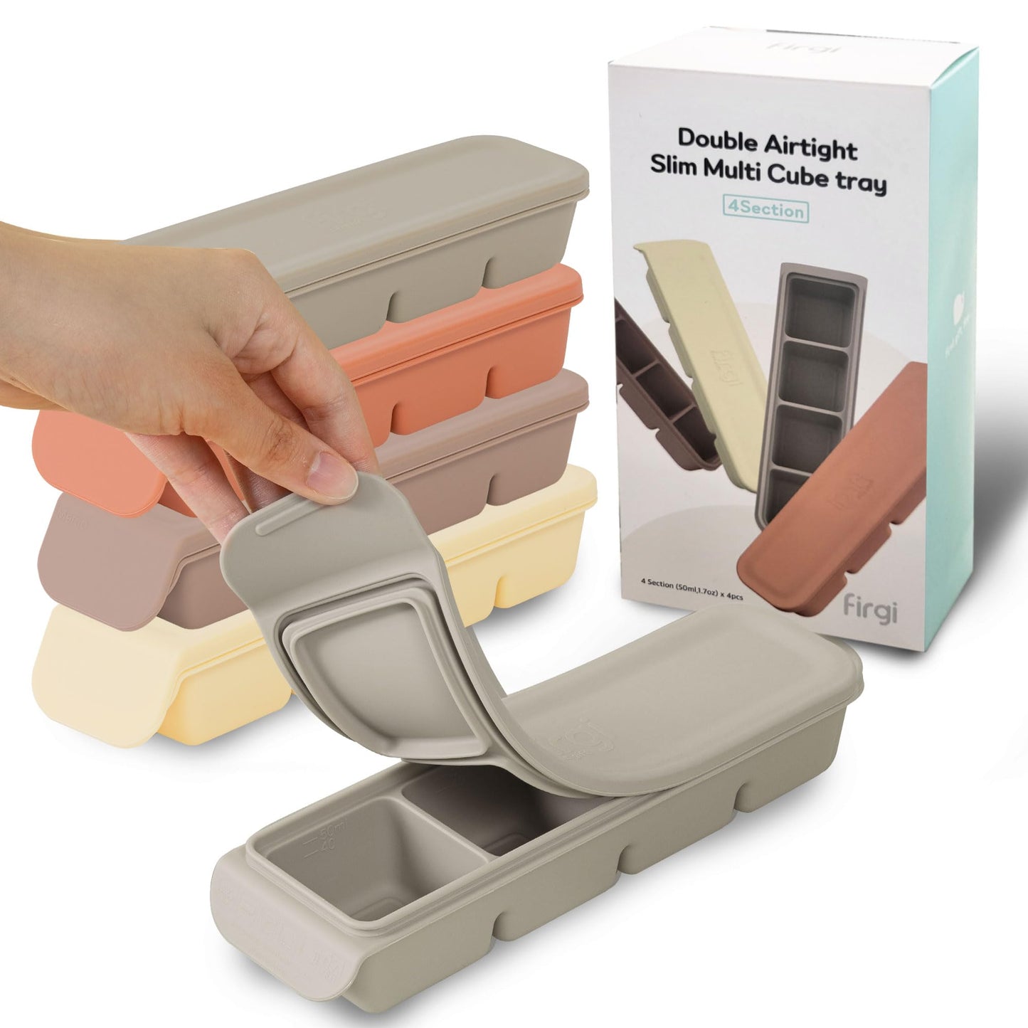 4 Section-1.7oz Gray 100% Food Grade Silicone Ice Cube Tray Food Container with Airtight Locking Lid, Fruit Vegetable Purees, Breastmilk Storage for Baby & Toddler Food | BPA Free Korea Made