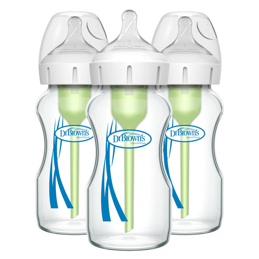 Dr. Brown's Natural Flow Anti-Colic Options+ Wide-Neck Glass Baby Bottles 5 oz/150 mL, with Level 1 Slow Flow Nipple, 3 Pack, 0m+