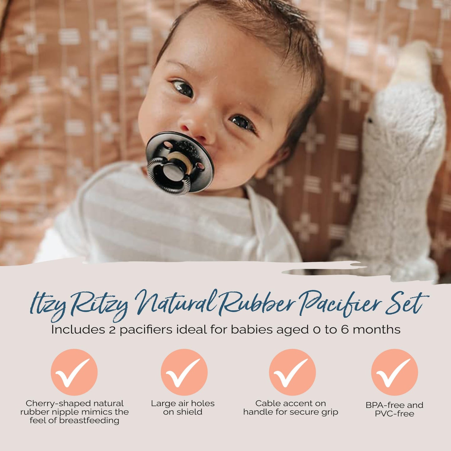 Itzy Ritzy Natural Rubber Pacifiers, Set of 2 – Natural Rubber Newborn Pacifiers with Cherry-Shaped Nipple & Large Air Holes for Added Safety; Set of 2 i