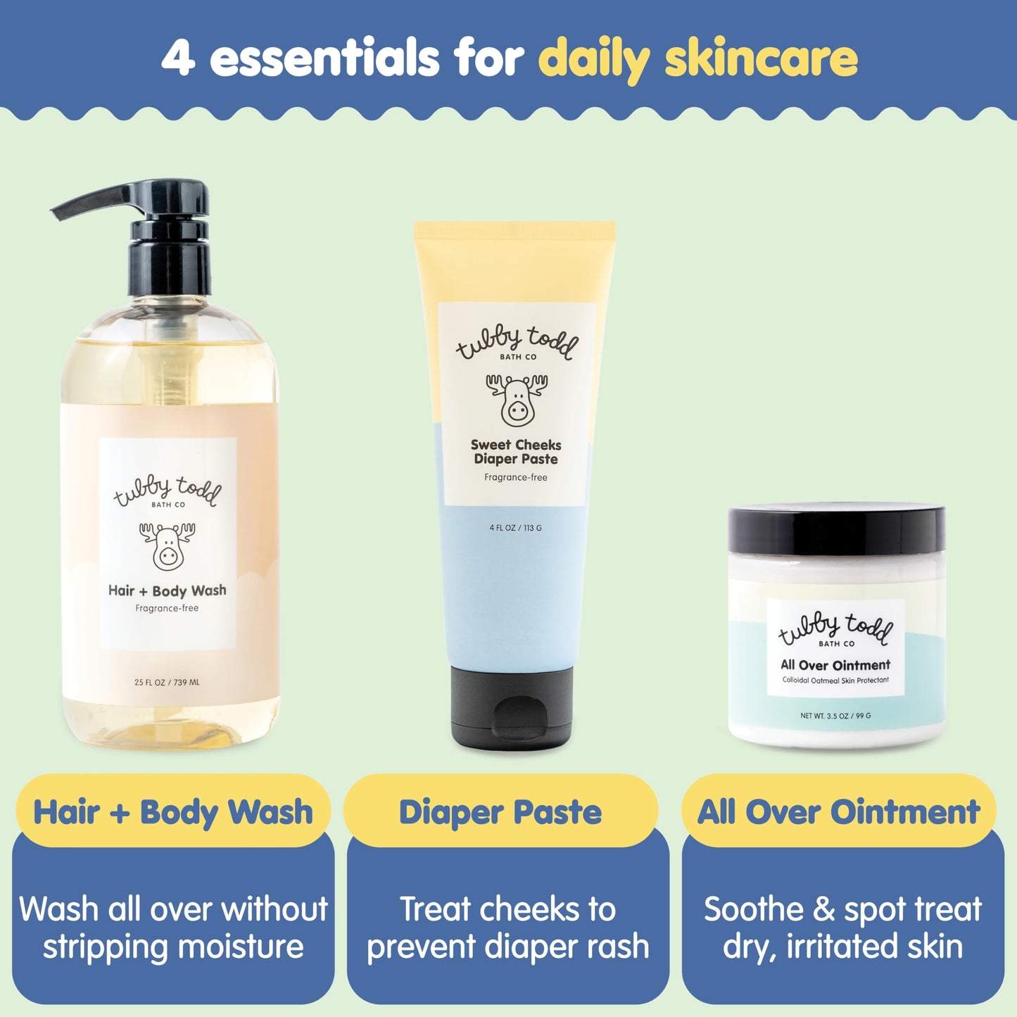 TUBBY TODD Baby Bundle Newborn Skin Care Set - Hypoallergenic Hair + Body Wash, All Over Ointment with Colloidal Oatmeal, Sweet Cheeks Diaper Paste - Fragrance Free, Standard Size