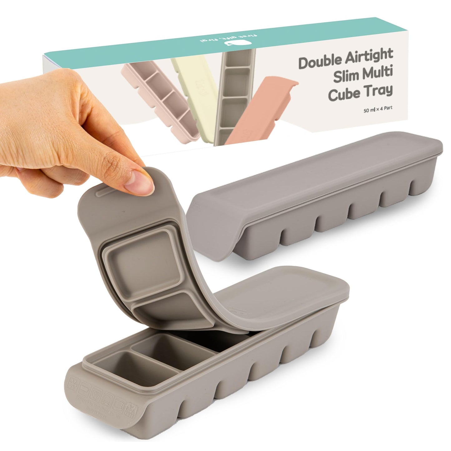 4 Section-1.7oz Gray 100% Food Grade Silicone Ice Cube Tray Food Container with Airtight Locking Lid, Fruit Vegetable Purees, Breastmilk Storage for Baby & Toddler Food | BPA Free Korea Made