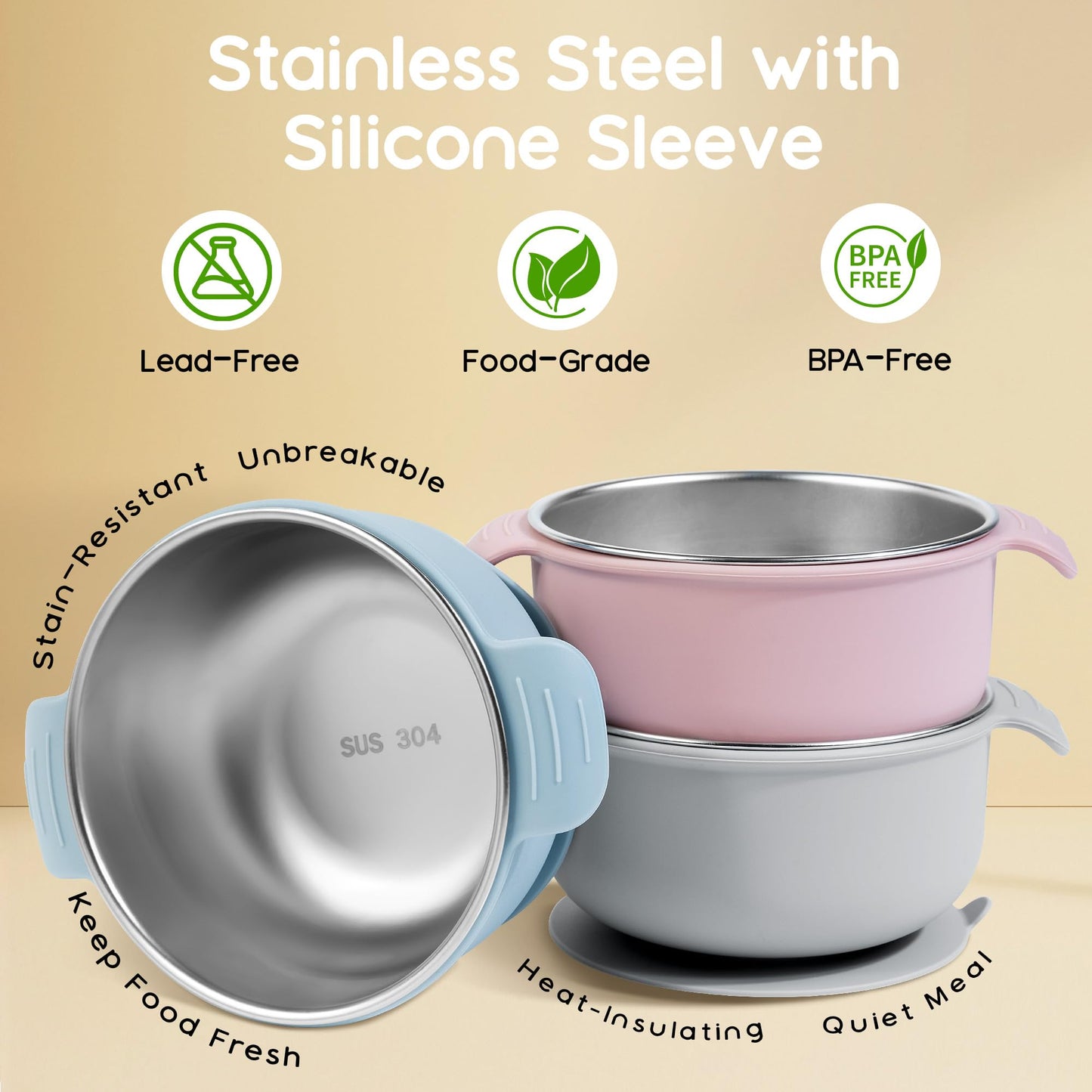 Bella's Friends Stainless Steel and Silicone Baby Bowls with Suction 3 Pack, 4.3”