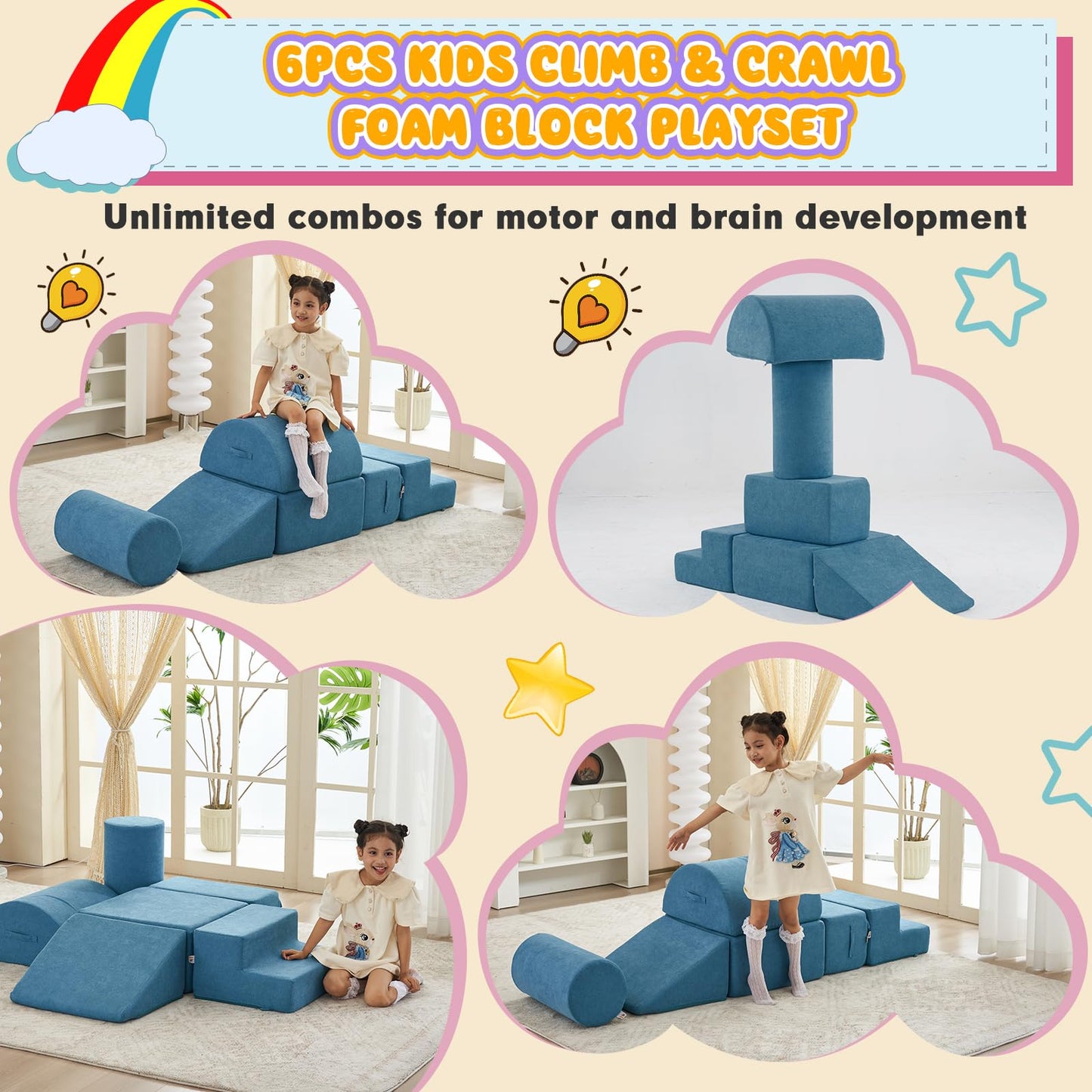 jela Foam Blocks 6Pcs Soft Play Equipment Waterproof Fabric, UV Resistant Toddler Climbing Toys Indoor& Outdoor Soft Play Climbing for Toddlers, Lightweight Climbing Blocks for Babies, Kids (Darkgrey)