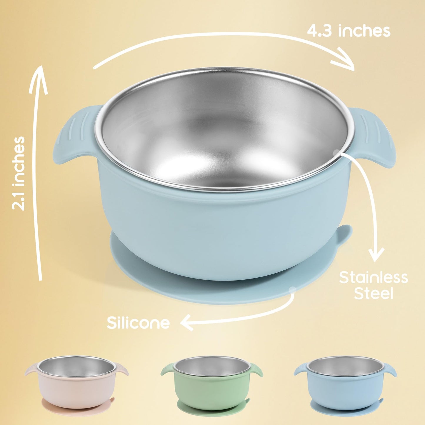 Bella's Friends Stainless Steel and Silicone Baby Bowls with Suction 3 Pack, 4.3”