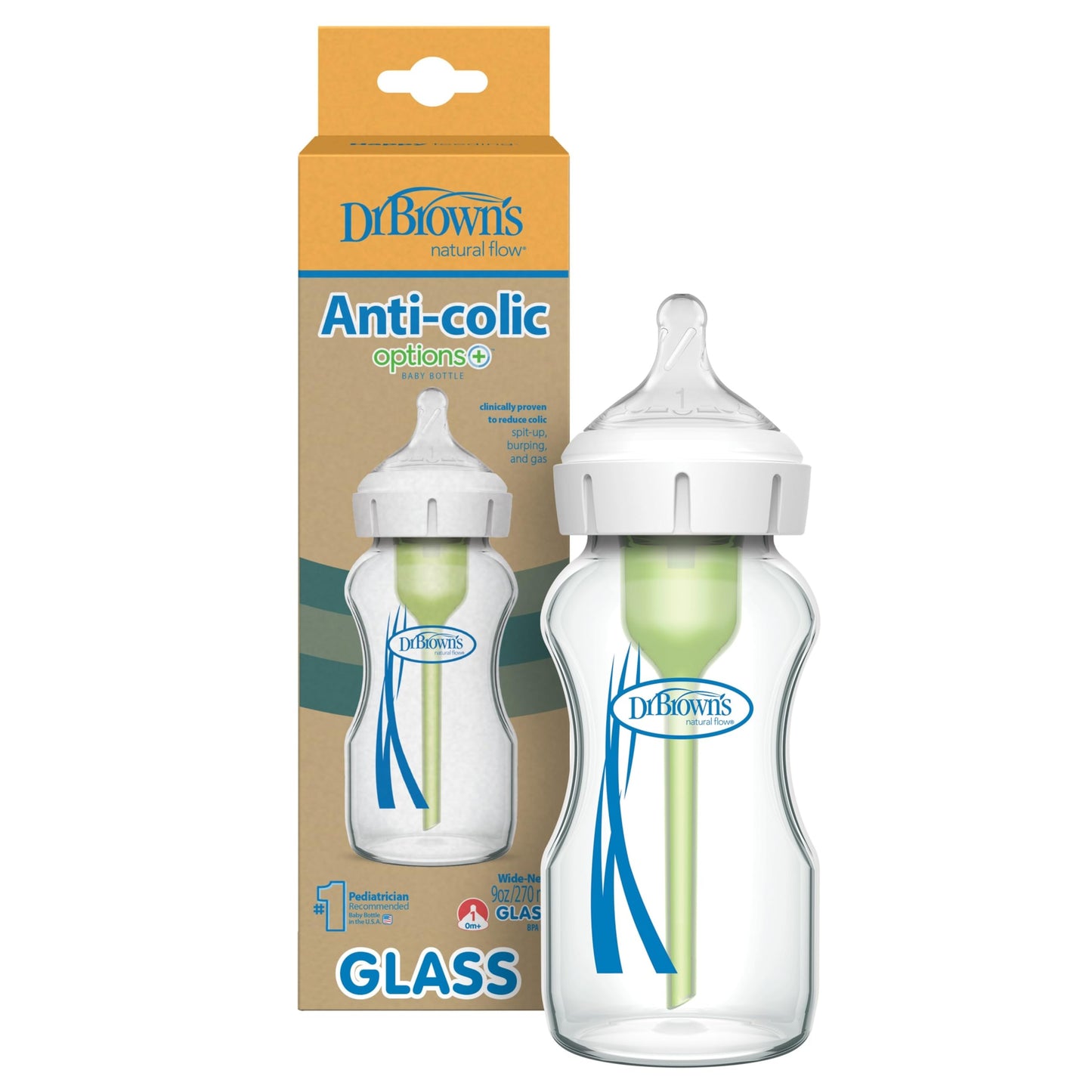 Dr. Brown's Natural Flow Anti-Colic Options+ Wide-Neck Glass Baby Bottles 5 oz/150 mL, with Level 1 Slow Flow Nipple, 3 Pack, 0m+