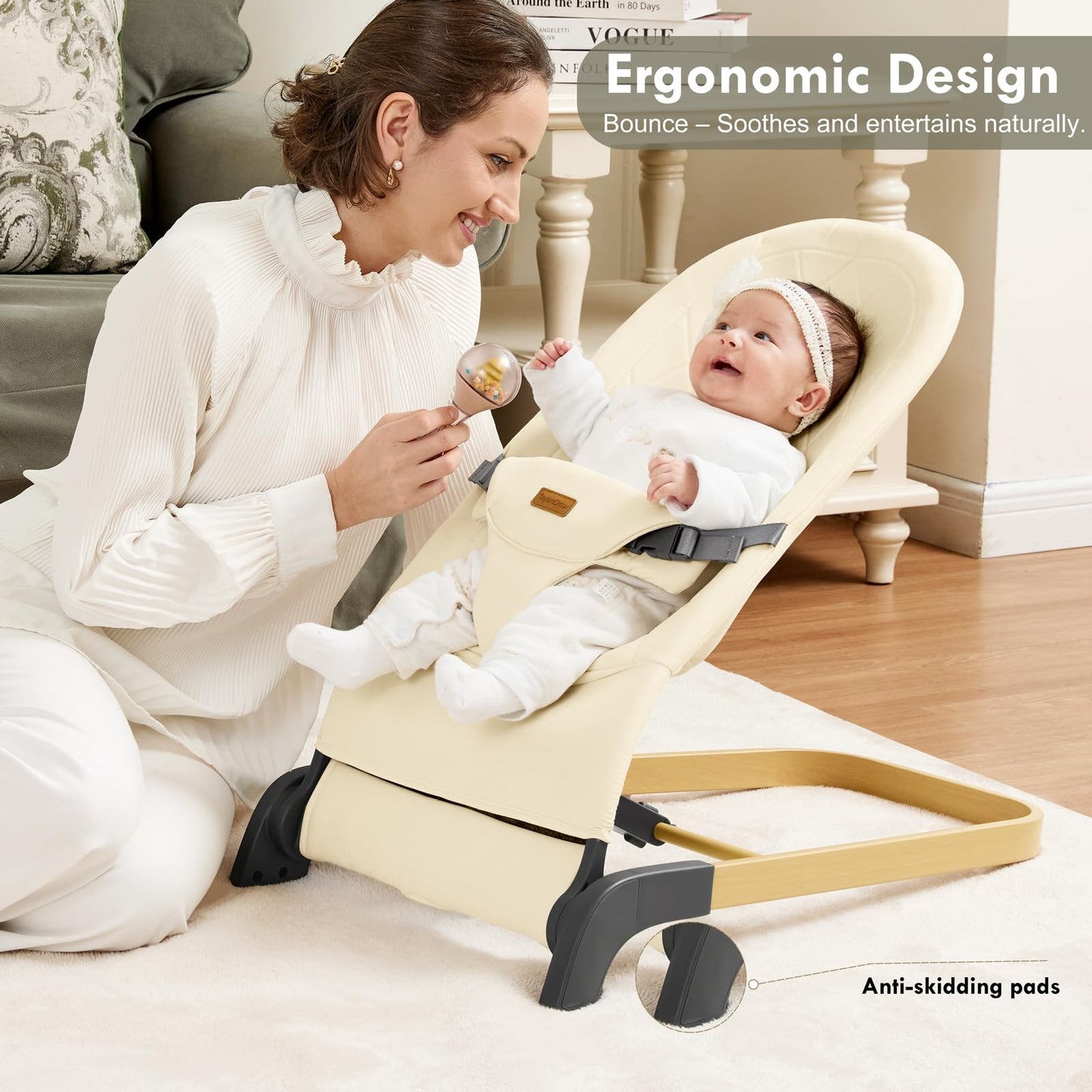 Foldable Baby Bouncer, Baby Seat with 3 Adjustable Heights, Portable Newborn Rocker