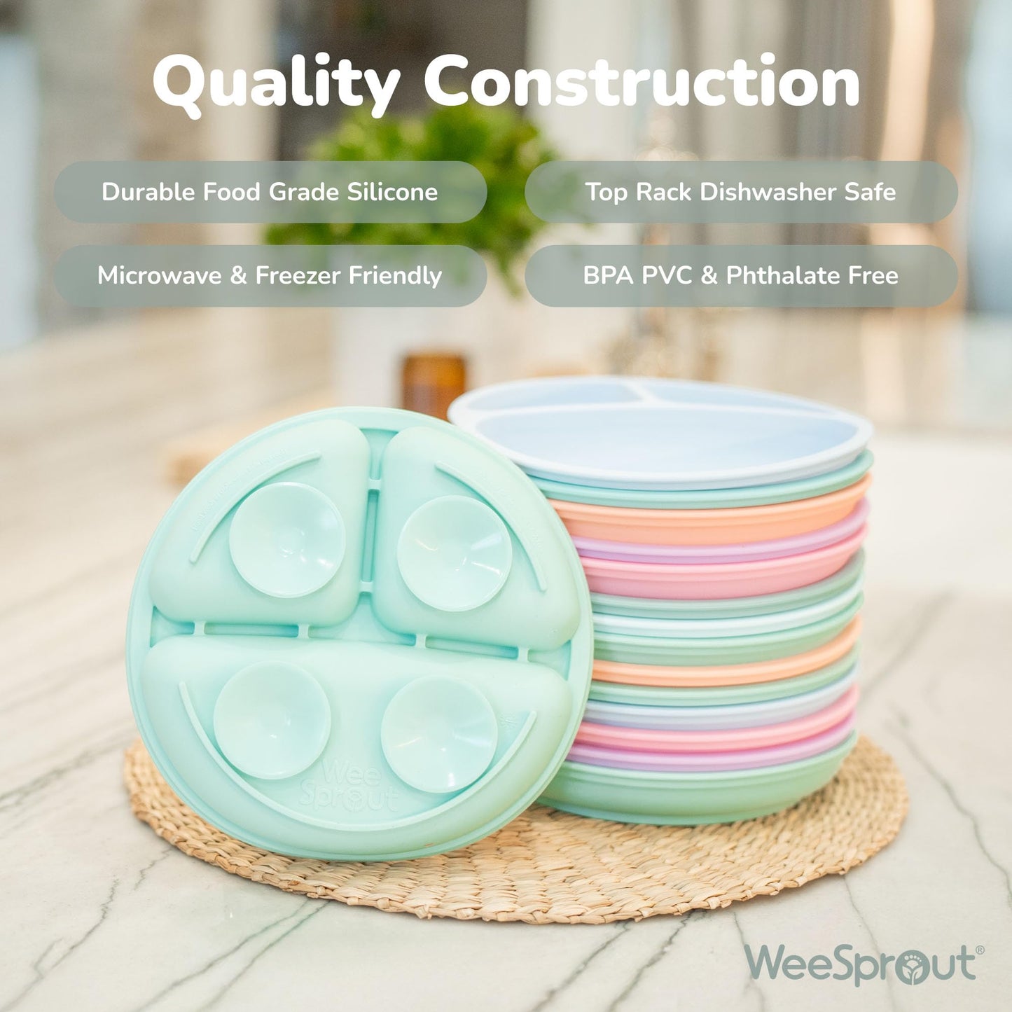 WeeSprout Suction Plates for Babies & Toddlers - 100% Silicone, Dinnerware Stays Put, 3 Pack