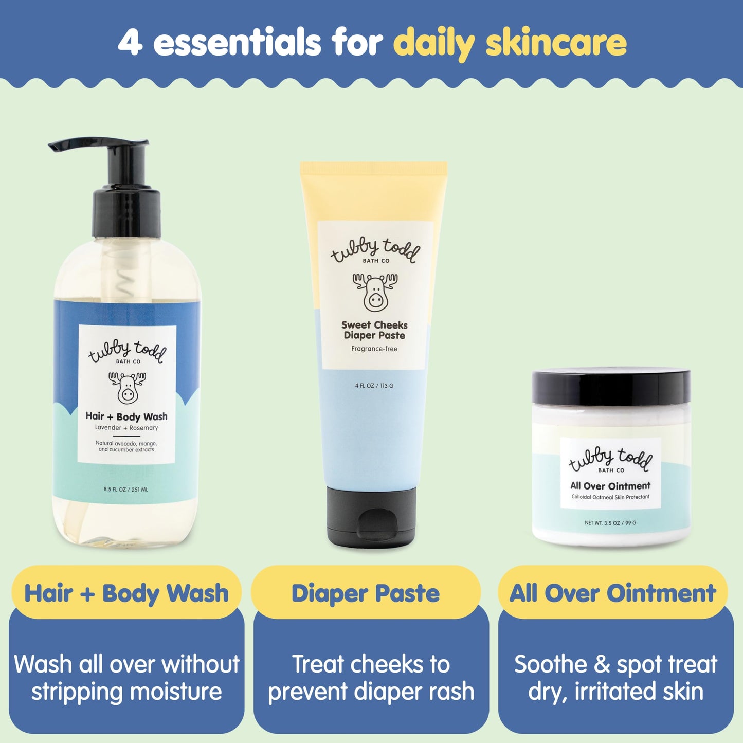 TUBBY TODD Baby Bundle Newborn Skin Care Set - Hypoallergenic Hair + Body Wash, All Over Ointment with Colloidal Oatmeal, Sweet Cheeks Diaper Paste - Fragrance Free, Standard Size