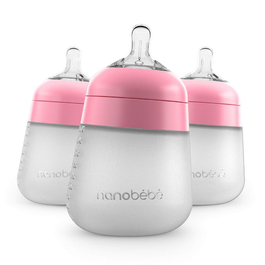 Nanobébé Flexy Silicone Baby Bottle, Anti-Colic, Natural Feel, Non-Collapsing Nipple, Non-Tip Stable Base, Easy to Clean, 3-Pack, Gray, 9oz