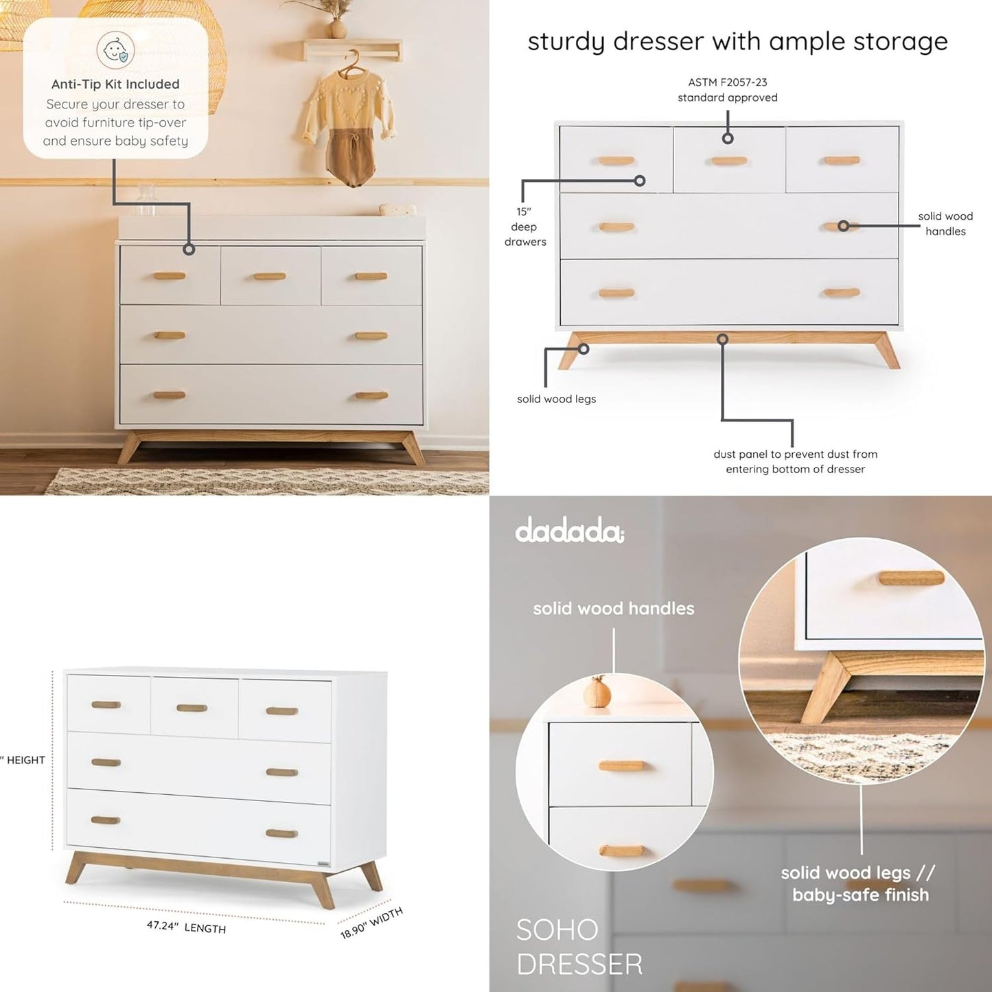 dadada Soho 3-in-1 Convertible Crib & 5-Drawer Dresser Set – Solid Wood, GREENGUARD Gold Certified
