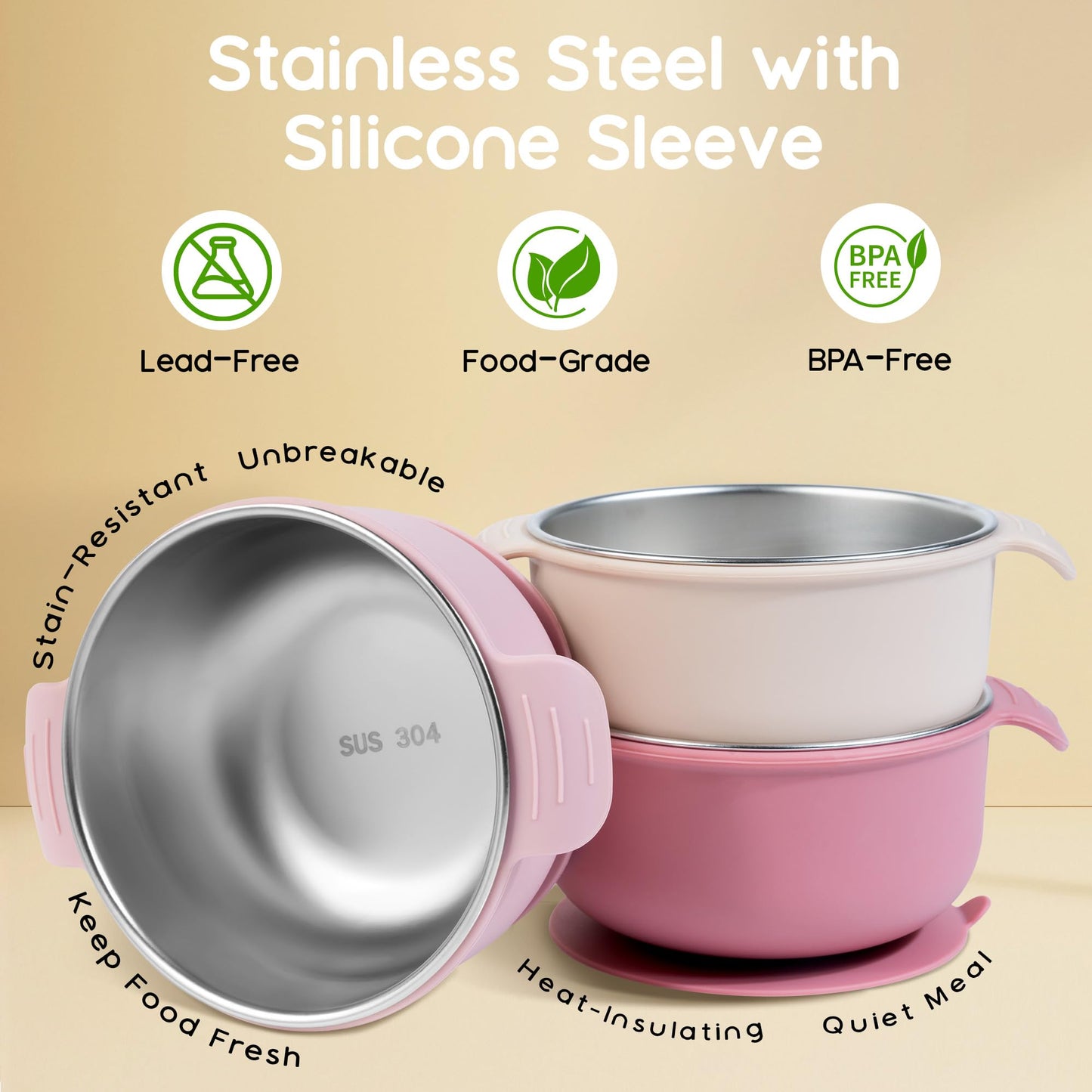 Bella's Friends Stainless Steel and Silicone Baby Bowls with Suction 3 Pack, 4.3”