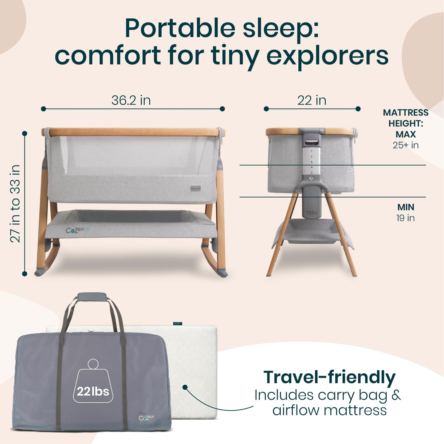 CoZee® 2-in-1 Baby Bassinet & Bedside Sleeper - Fast-Folding Bedside Bassinet, Baby Crib with 6 Mattress Heights & Breathable Mesh Window, Mattress Included, 0-6 Months (Oak & Charcoal)
