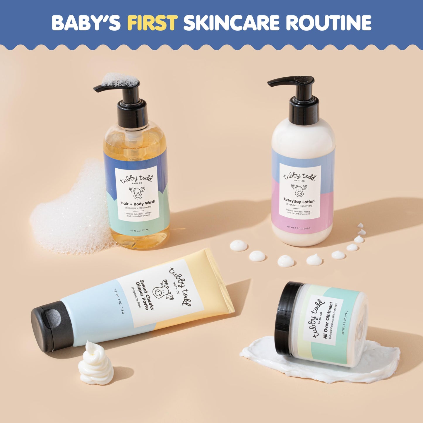 TUBBY TODD Baby Bundle Newborn Skin Care Set - Hypoallergenic Hair + Body Wash, All Over Ointment with Colloidal Oatmeal, Sweet Cheeks Diaper Paste - Fragrance Free, Standard Size