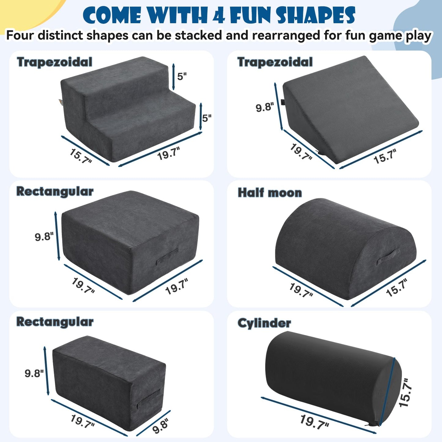 jela Foam Blocks 6Pcs Soft Play Equipment Waterproof Fabric, UV Resistant Toddler Climbing Toys Indoor& Outdoor Soft Play Climbing for Toddlers, Lightweight Climbing Blocks for Babies, Kids (Darkgrey)